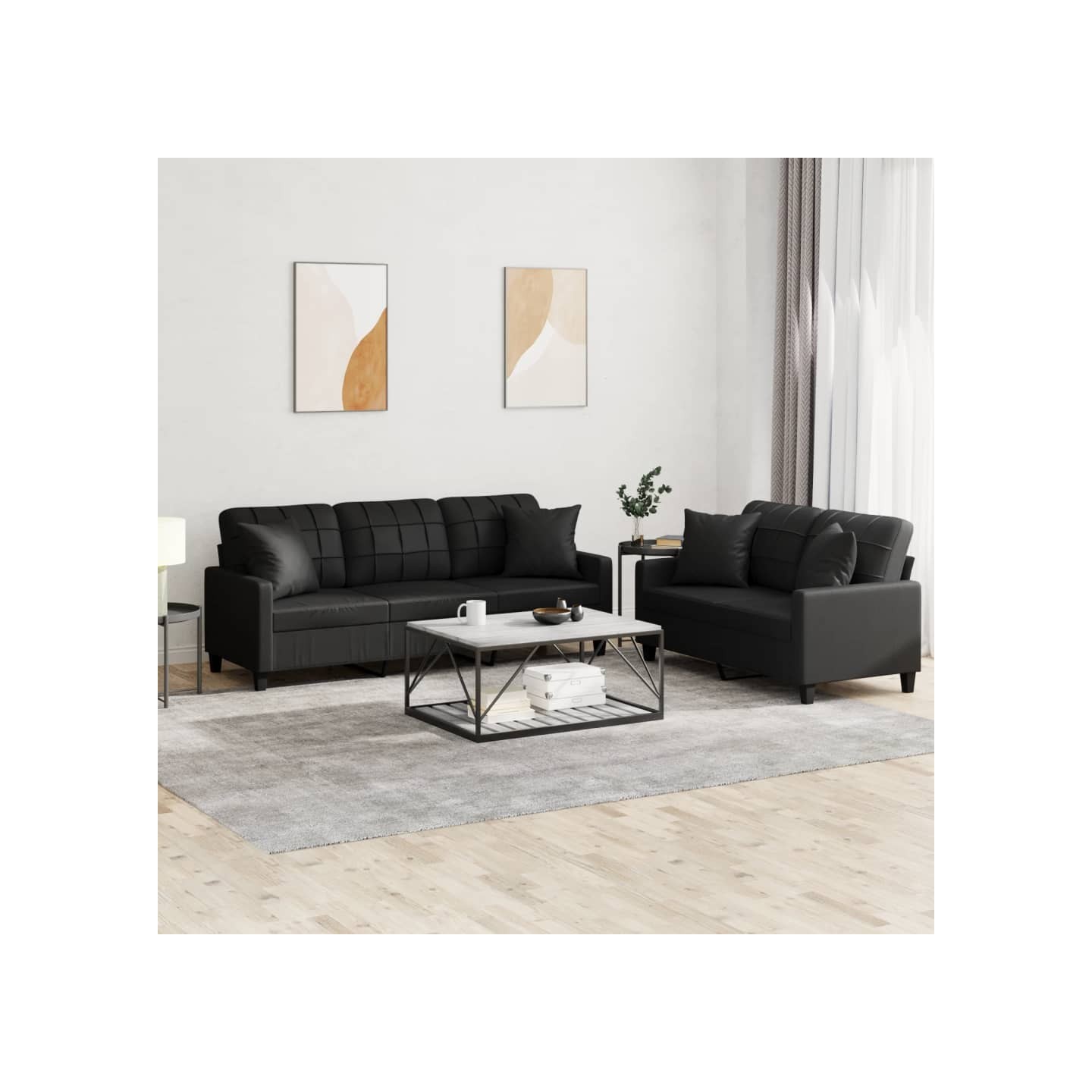 Ensemble de canapés 2 pcs avec coussins noir similicuir