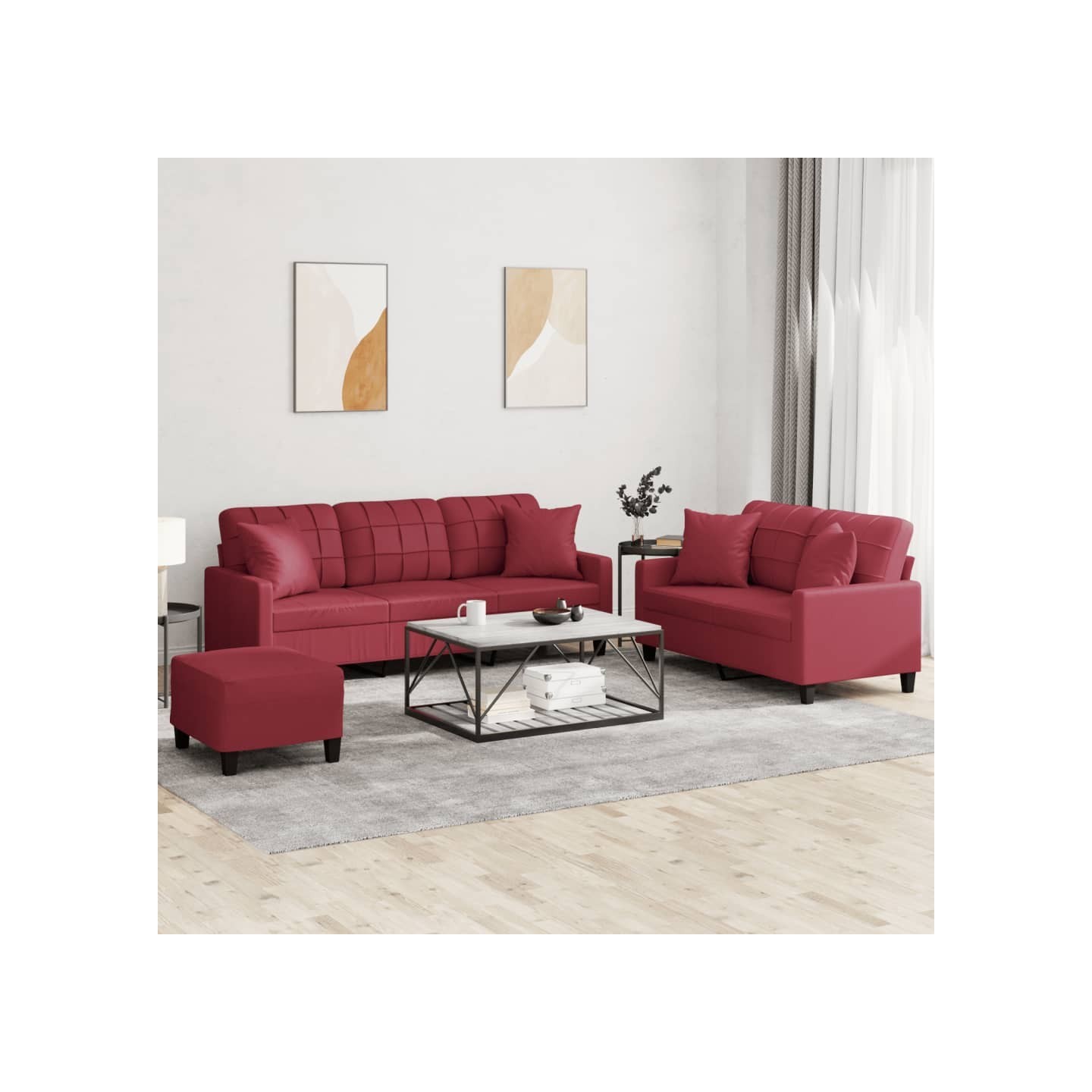 Ensemble de canapés 3 pcs et coussins rouge bordeaux similicuir