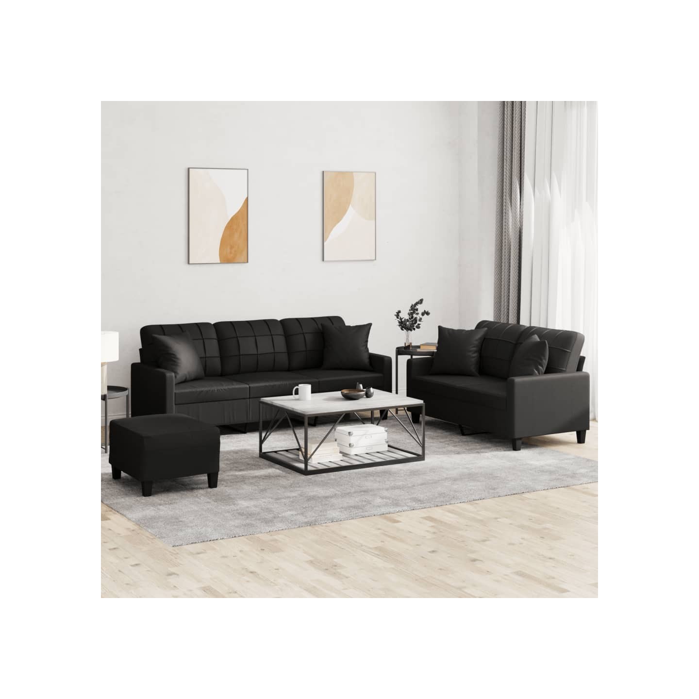 Ensemble de canapés 3 pcs avec coussins noir similicuir