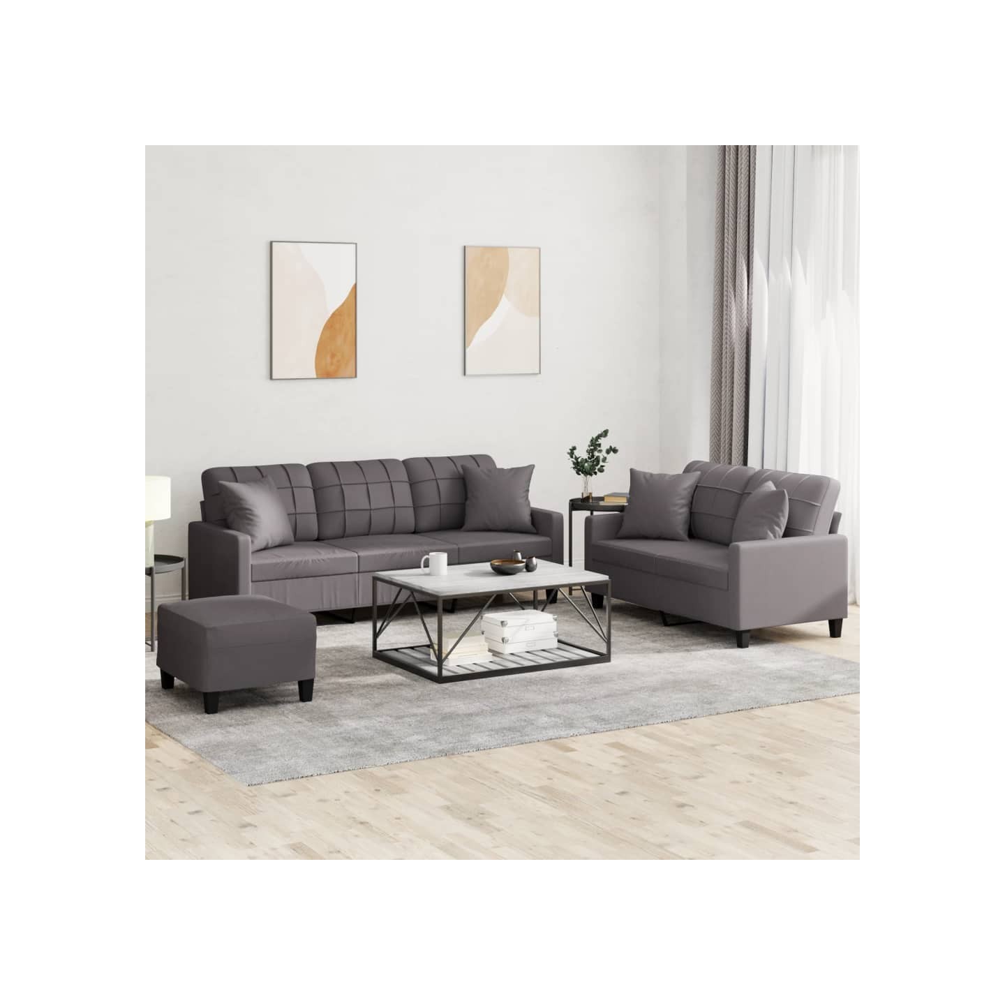 Ensemble de canapés 3 pcs avec coussins gris similicuir