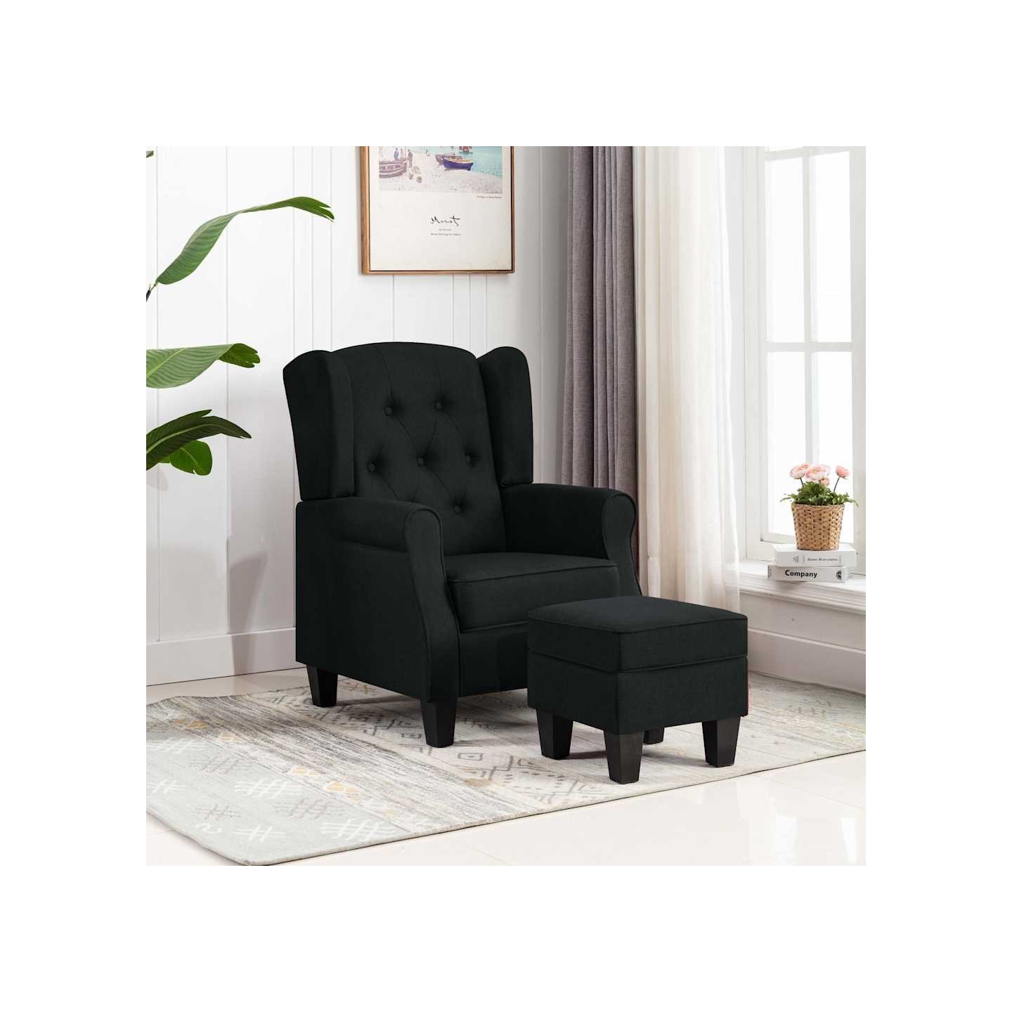 Fauteuil avec repose-pied Noir Tissu