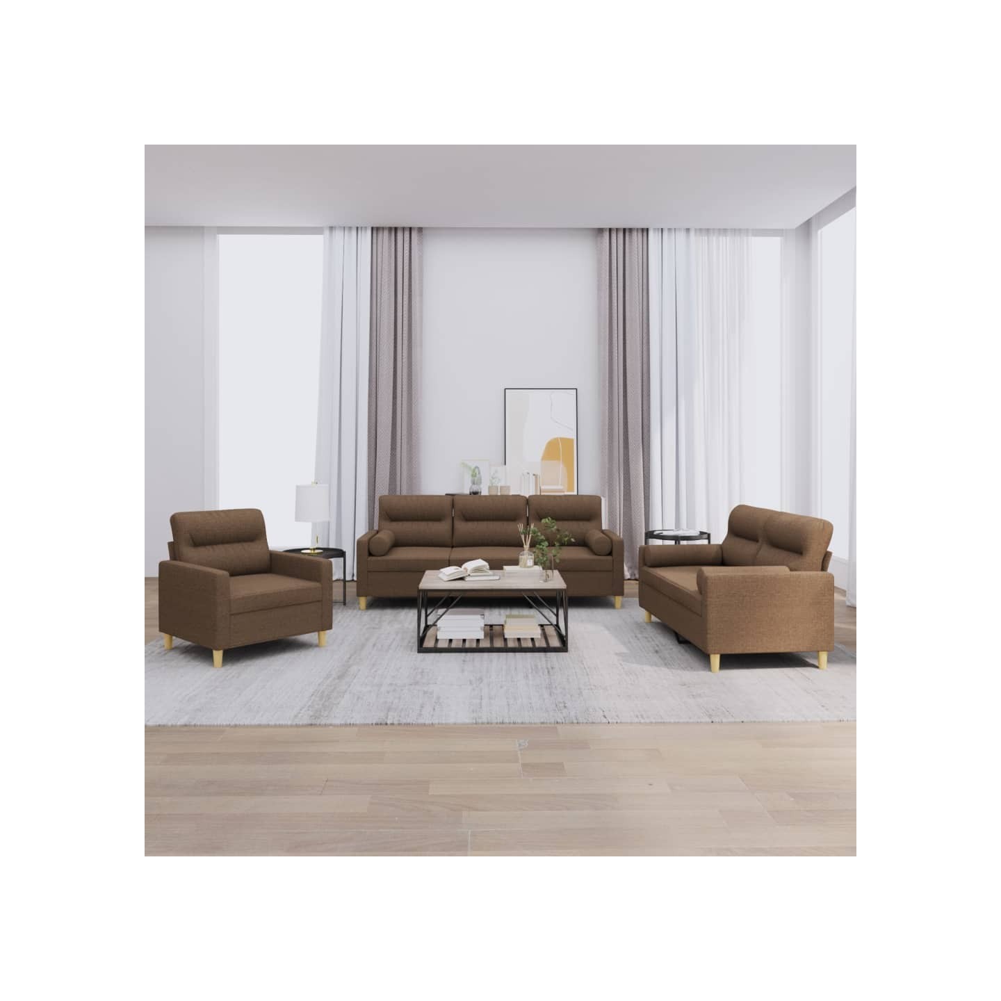 Ensemble de canapés 3 pcs avec coussins marron tissu