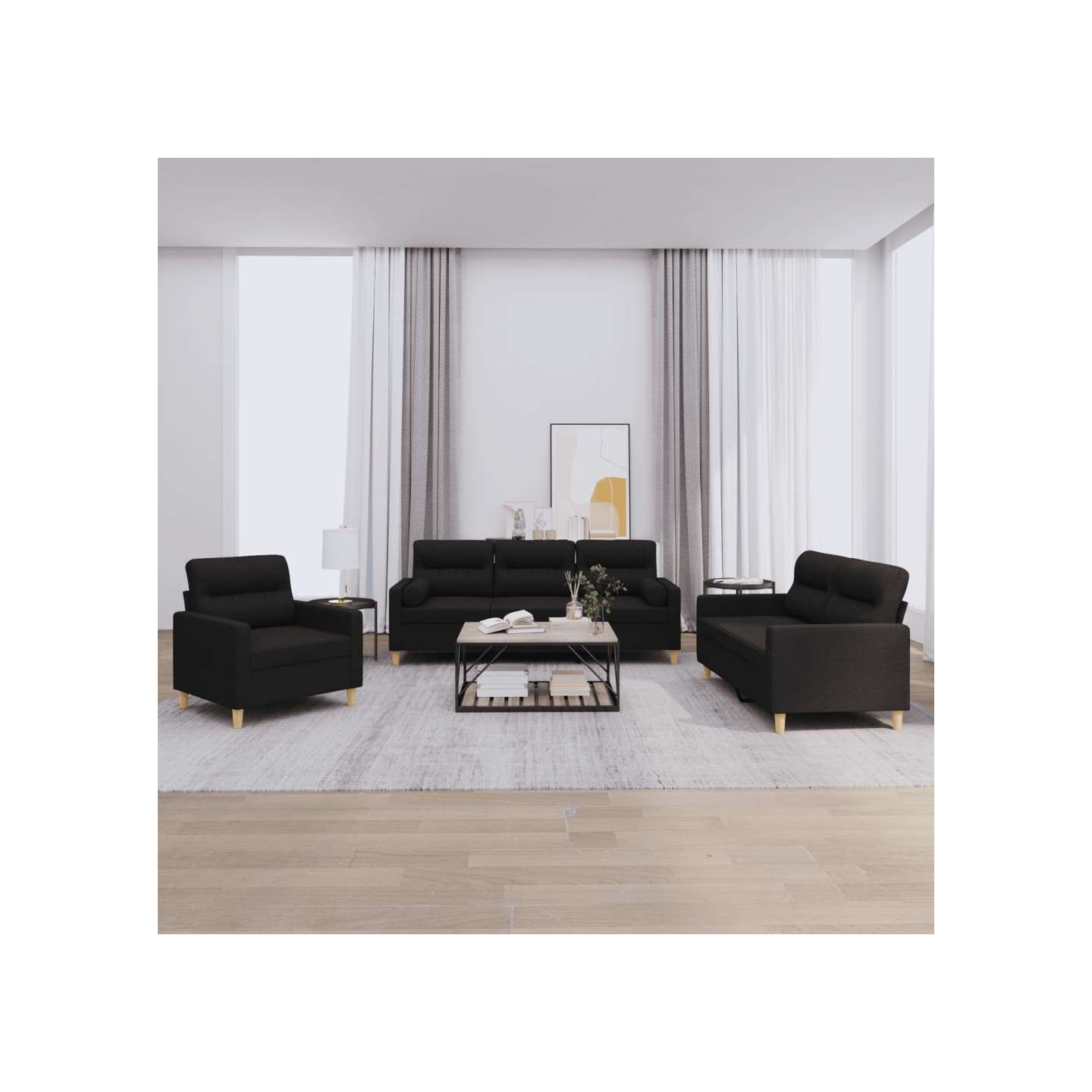 Ensemble de canapés 3 pcs avec coussins noir tissu