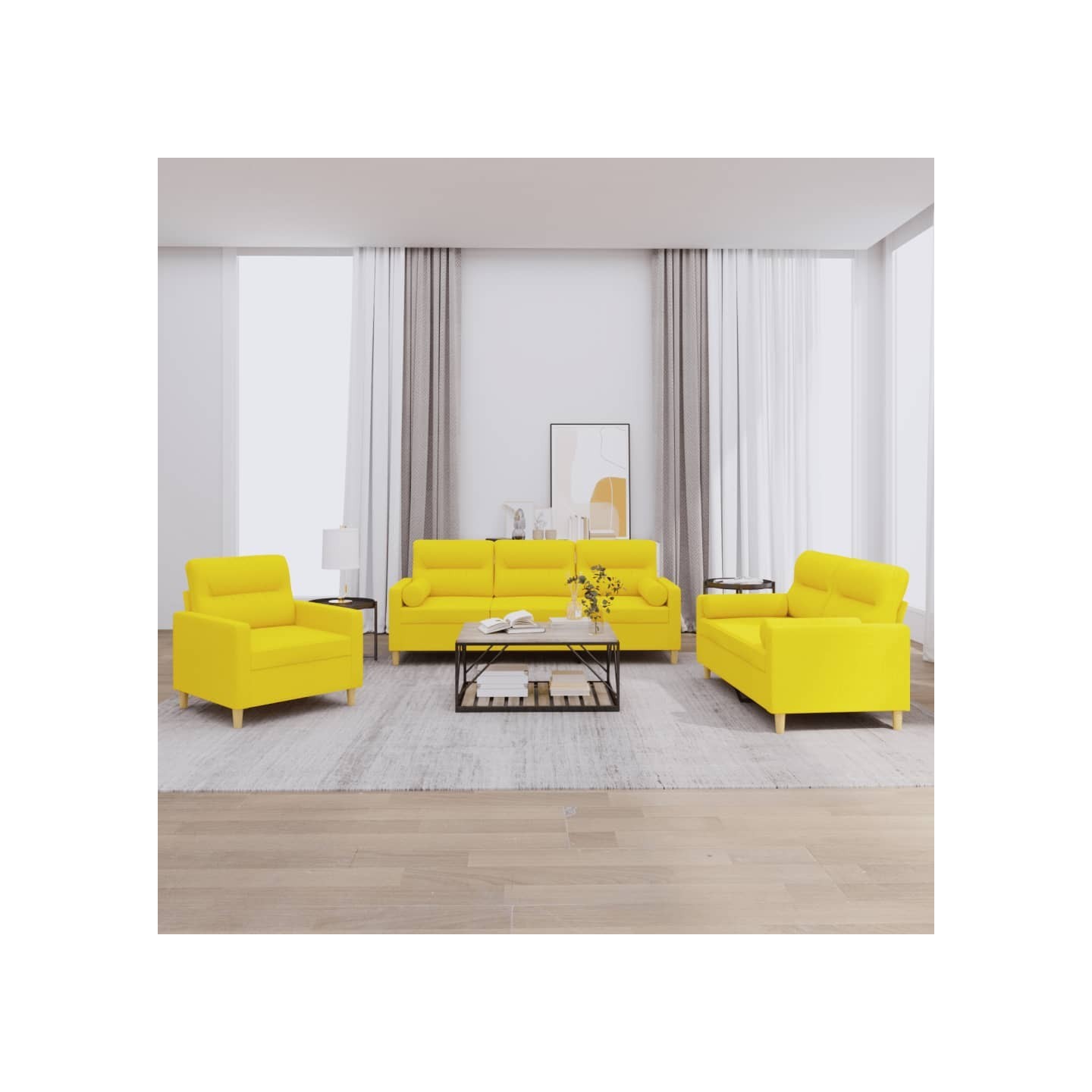Ensemble de canapés 3 pcs avec coussins jaune clair tissu