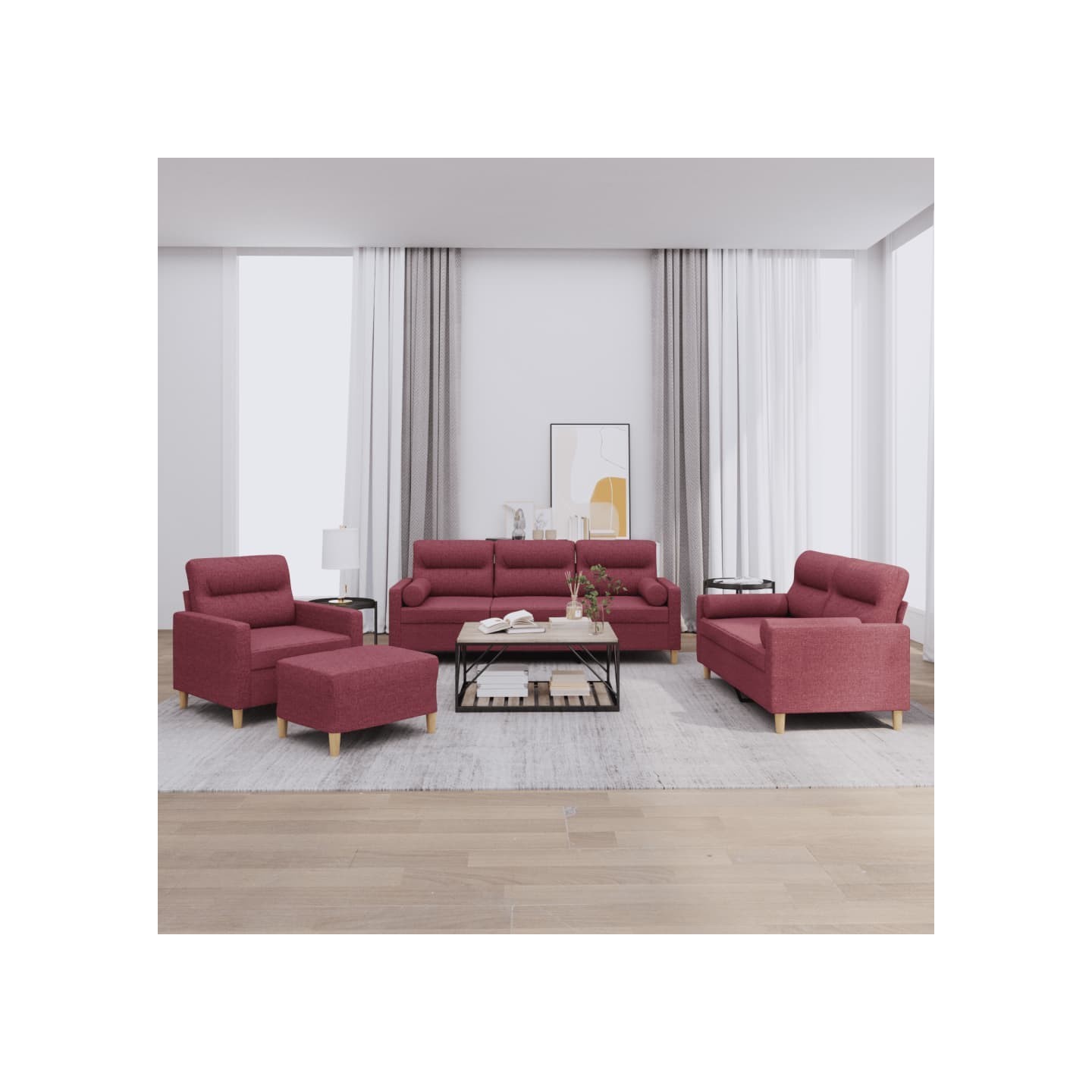 Ensemble de canapés 4 pcs avec coussins rouge bordeaux tissu