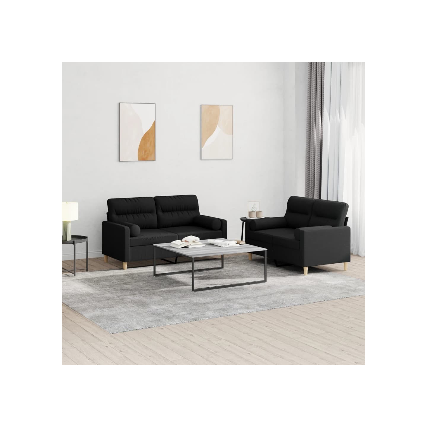 Ensemble de canapés 2 pcs avec coussins noir tissu