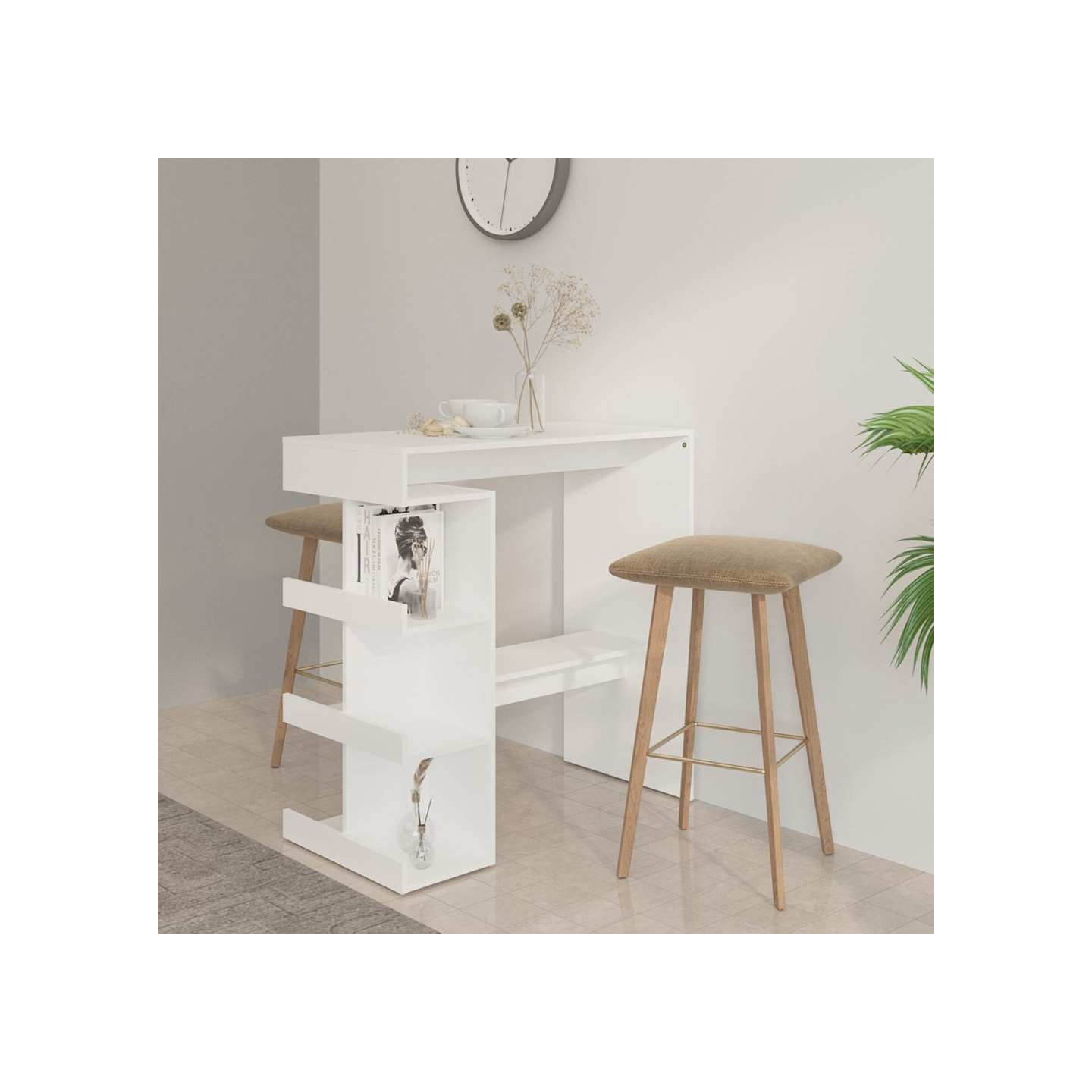 Table de bar avec étagère de rangement Blanc Bois d'ingénierie