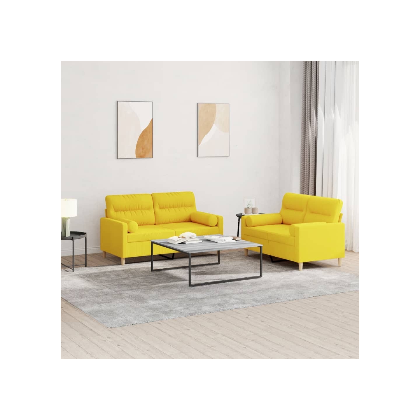 Ensemble de canapés 2 pcs avec coussins jaune clair tissu