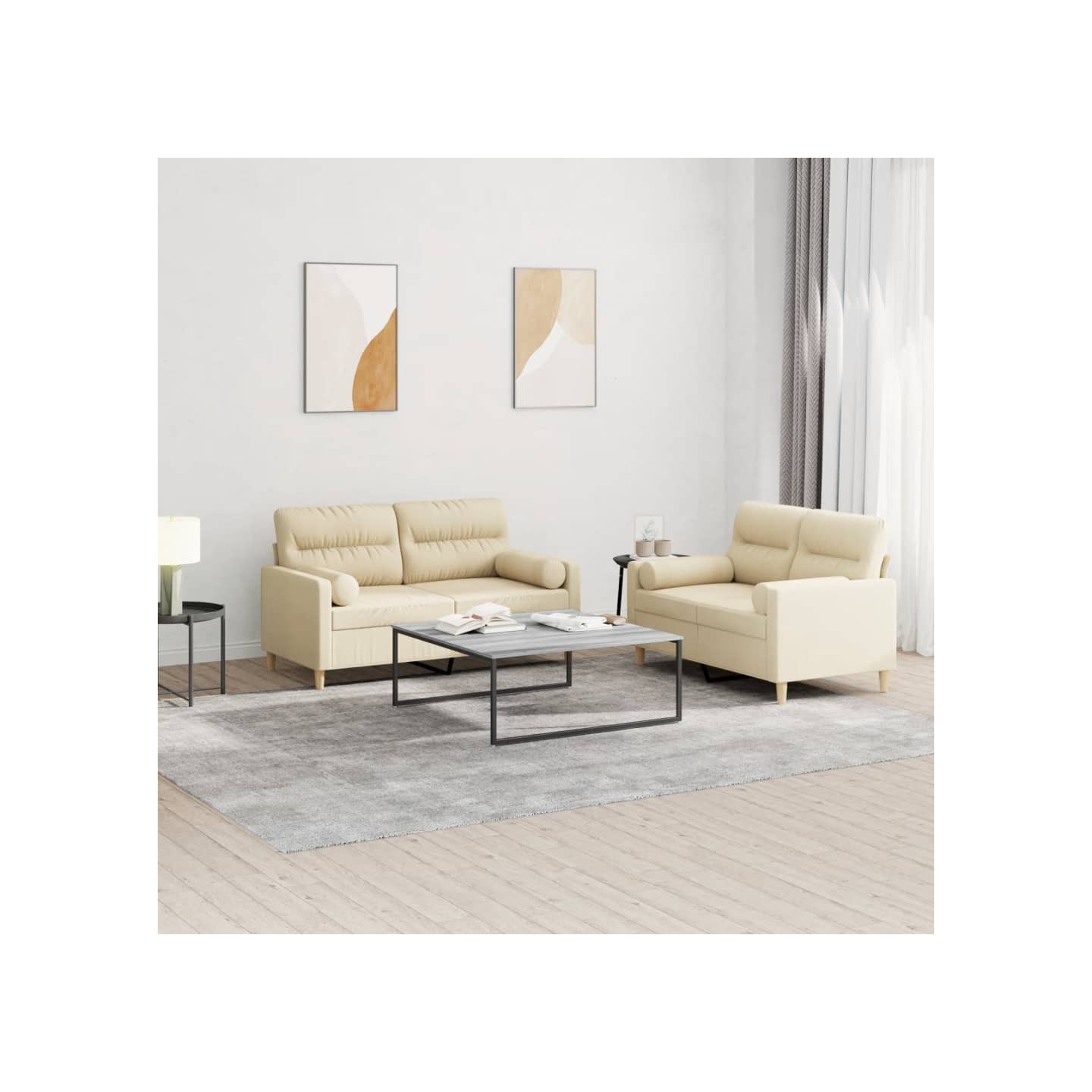 Ensemble de canapés 2 pcs avec coussins crème tissu