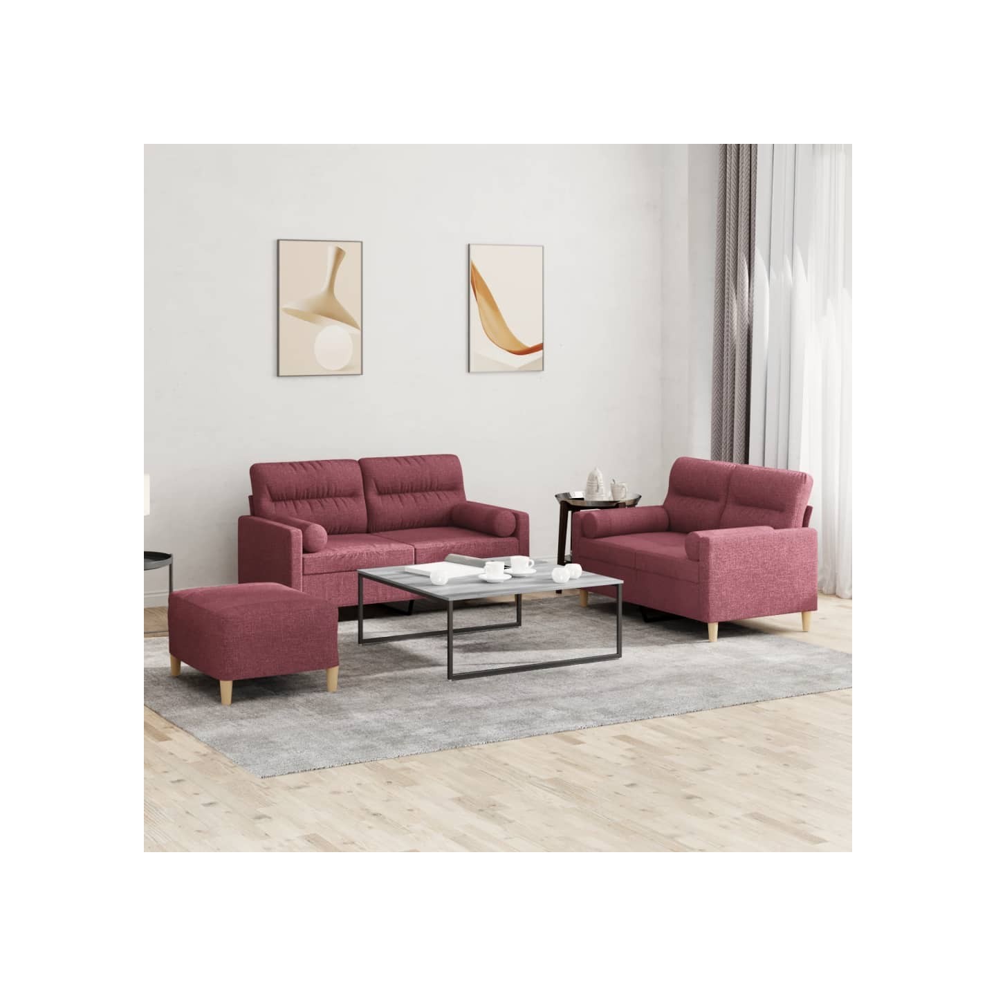 Ensemble de canapés 3 pcs avec coussins rouge bordeaux tissu