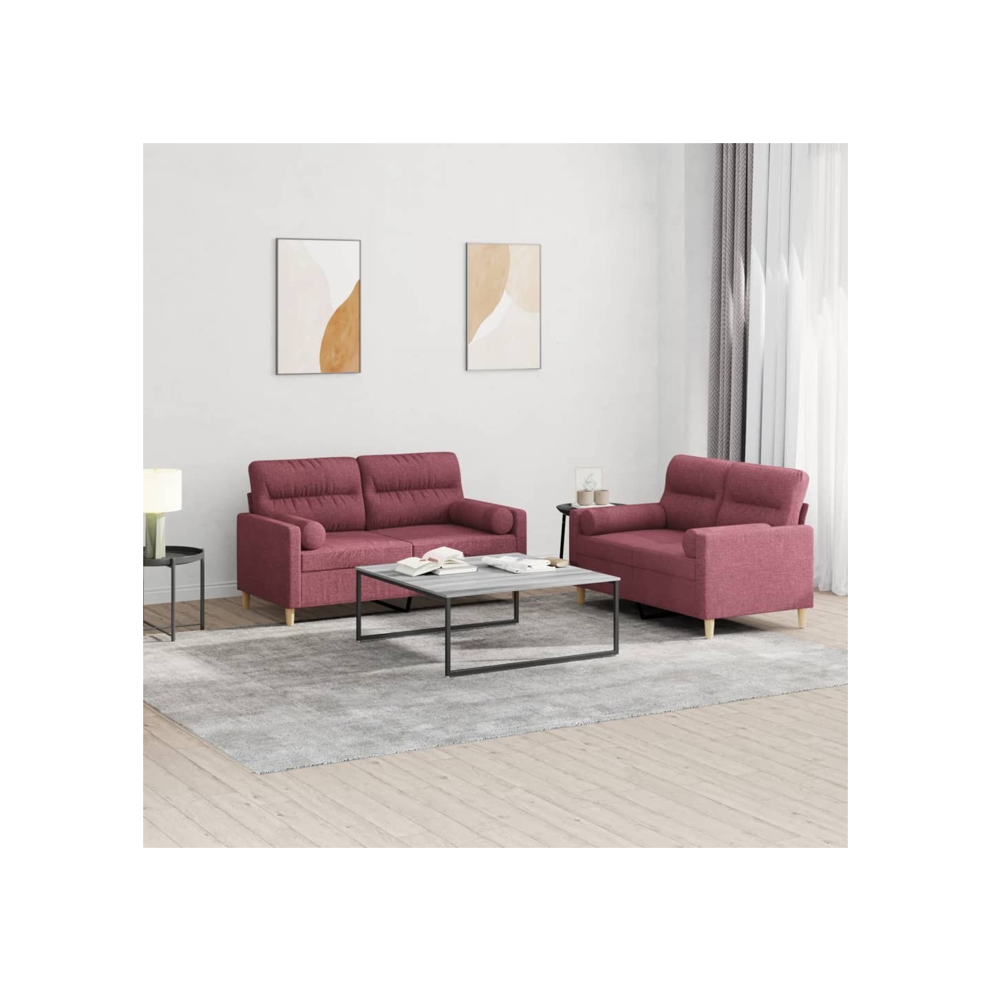 Ensemble de canapés 2 pcs avec coussins rouge bordeaux tissu