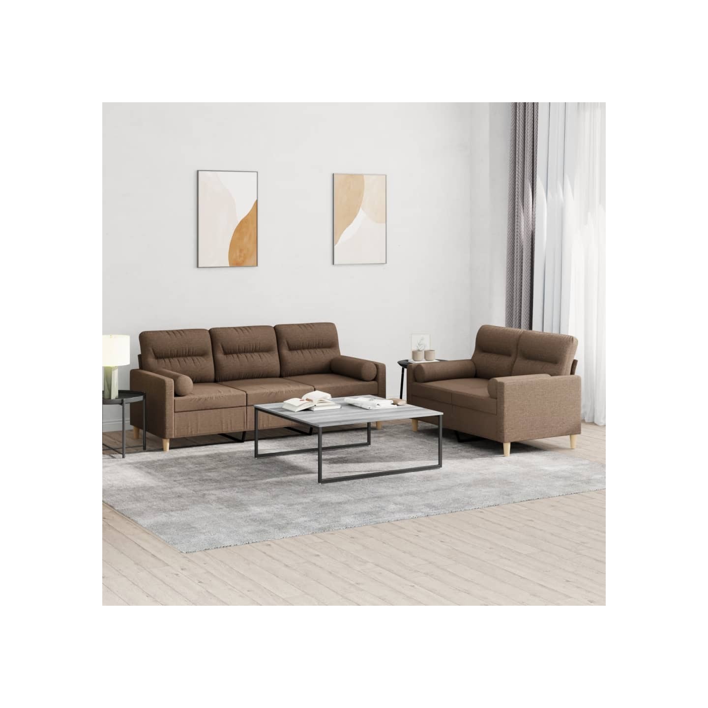 Ensemble de canapés 2 pcs avec coussins marron tissu