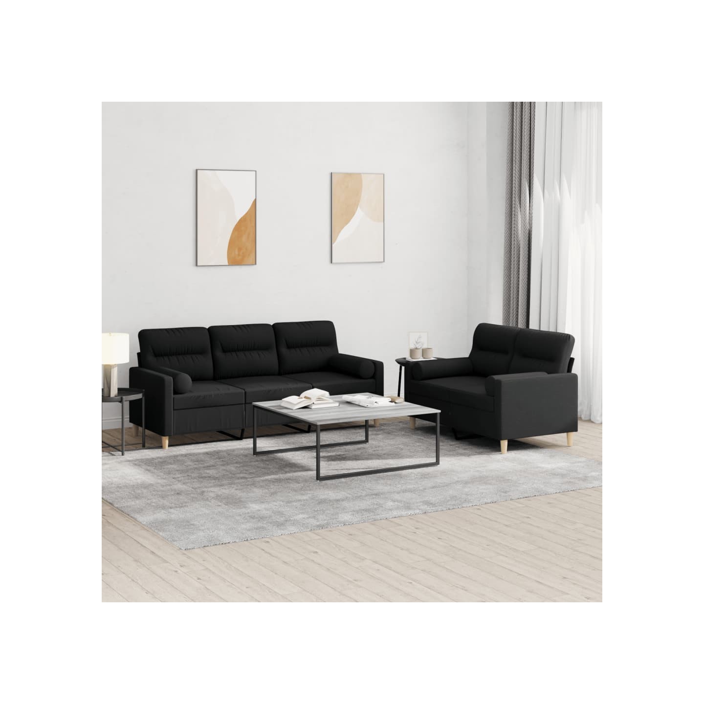 Ensemble de canapés 2 pcs avec coussins noir tissu