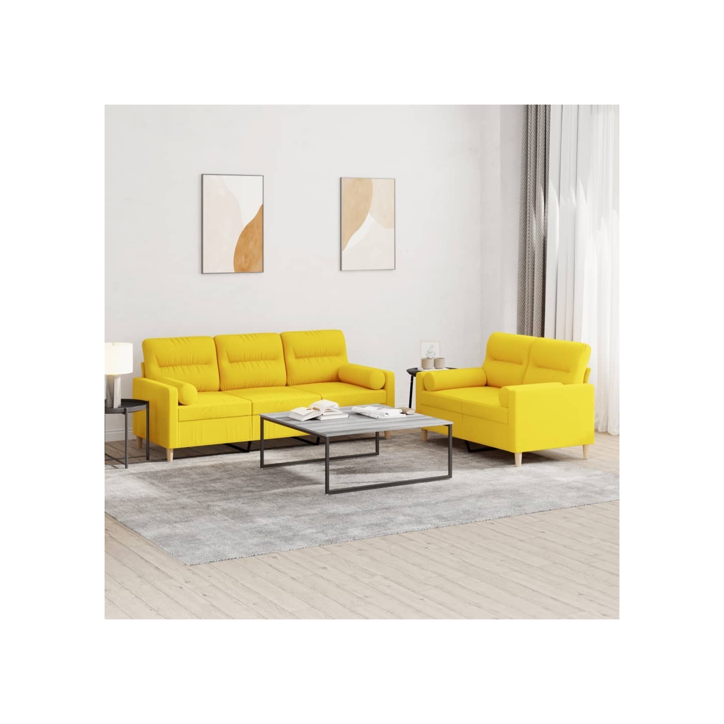 Ensemble de canapés 2 pcs avec coussins jaune clair tissu
