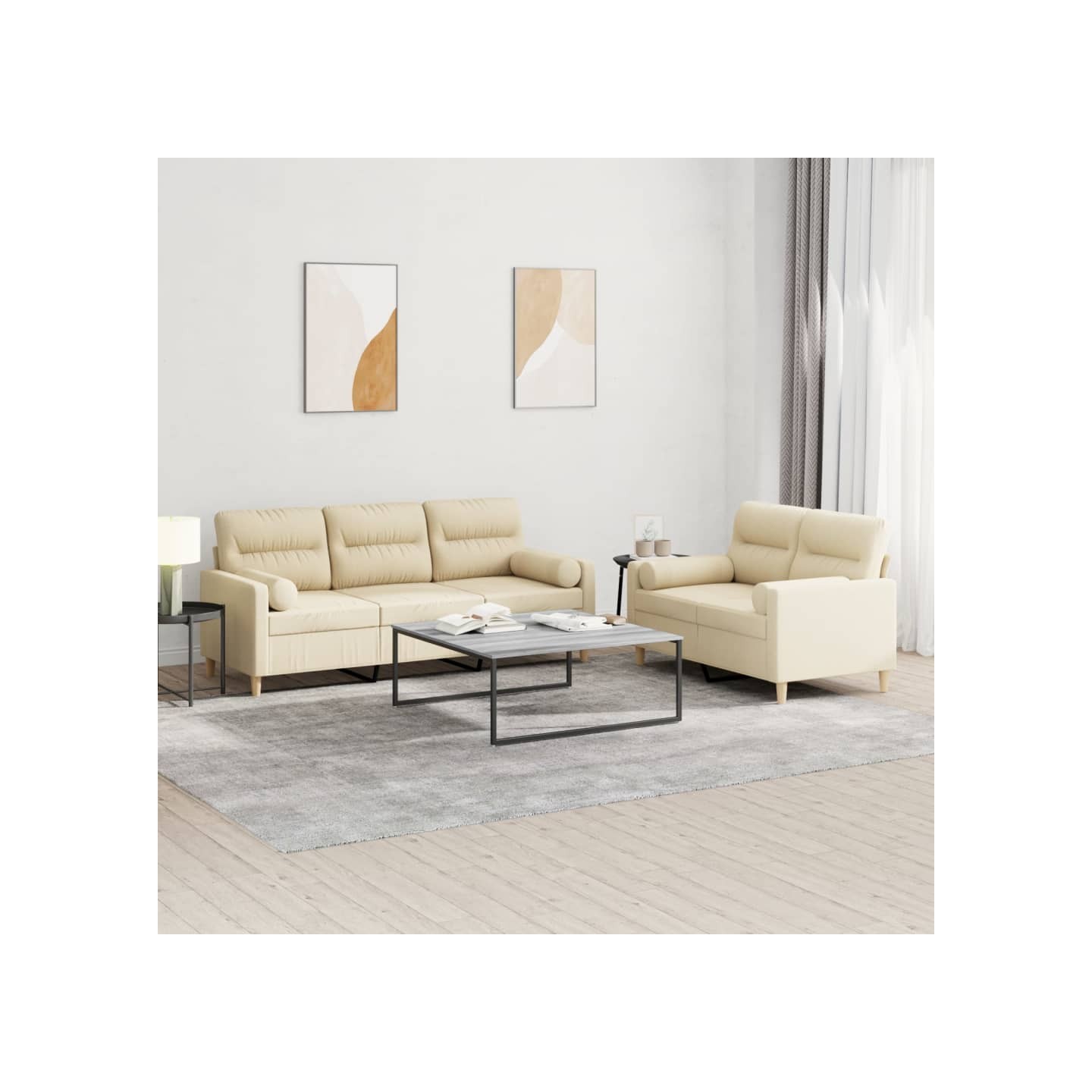 Ensemble de canapés 2 pcs avec coussins crème tissu