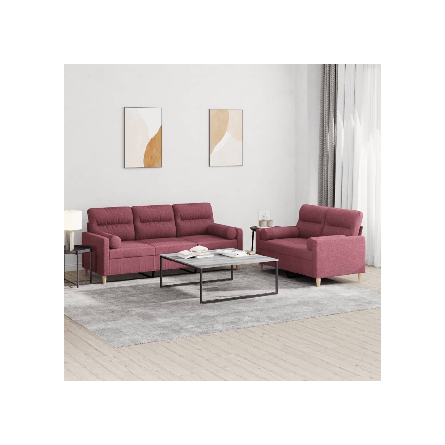Ensemble de canapés 2 pcs avec coussins rouge bordeaux tissu