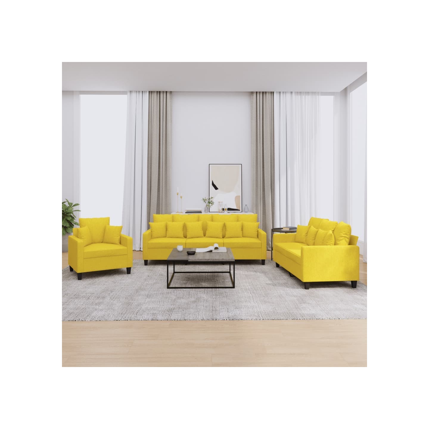 Ensemble de canapés 3 pcs avec coussins jaune clair tissu