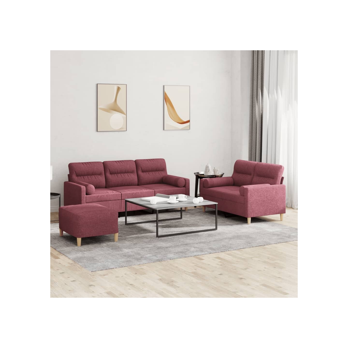 Ensemble de canapés 3 pcs avec coussins rouge bordeaux tissu