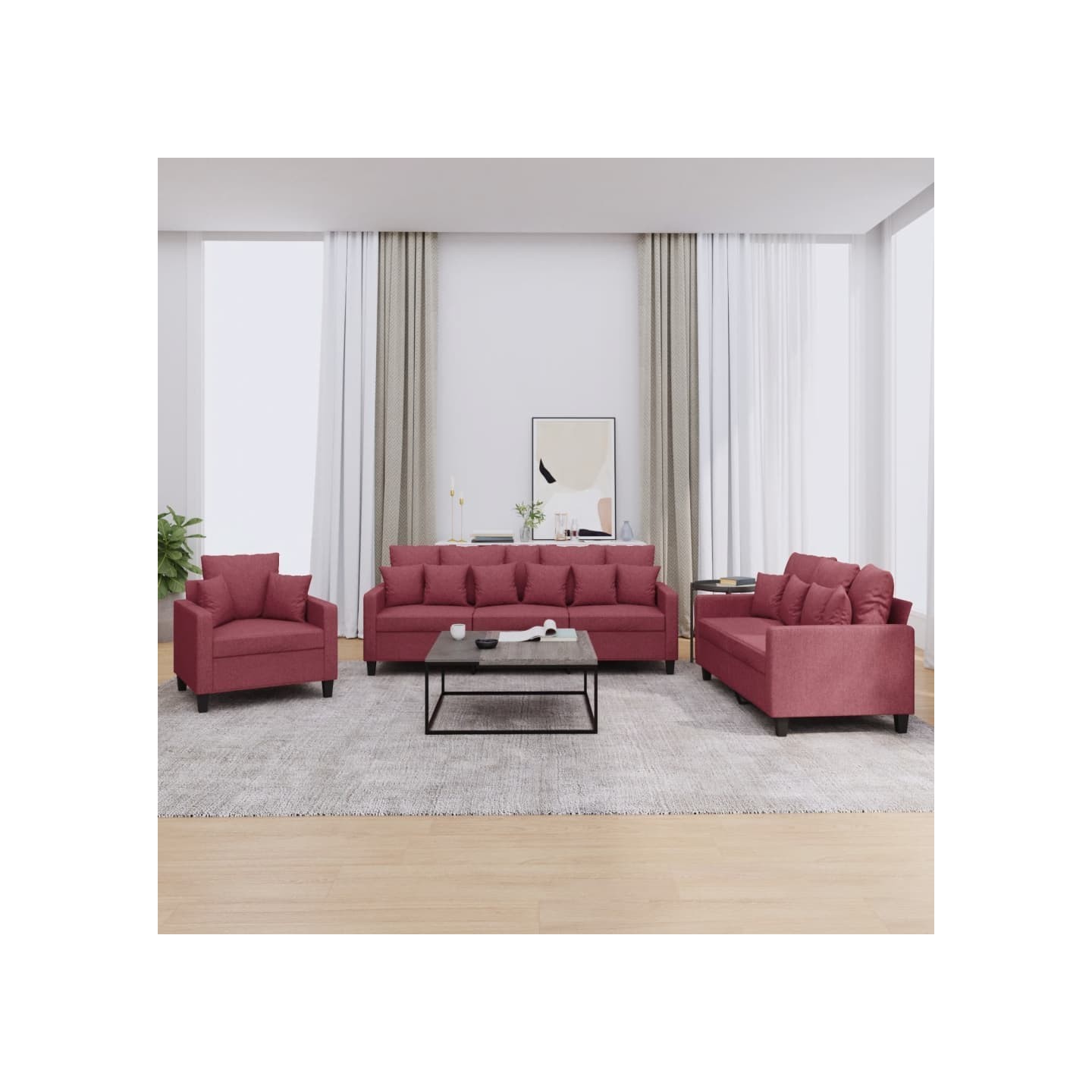 Ensemble de canapés 3 pcs avec coussins rouge bordeaux tissu