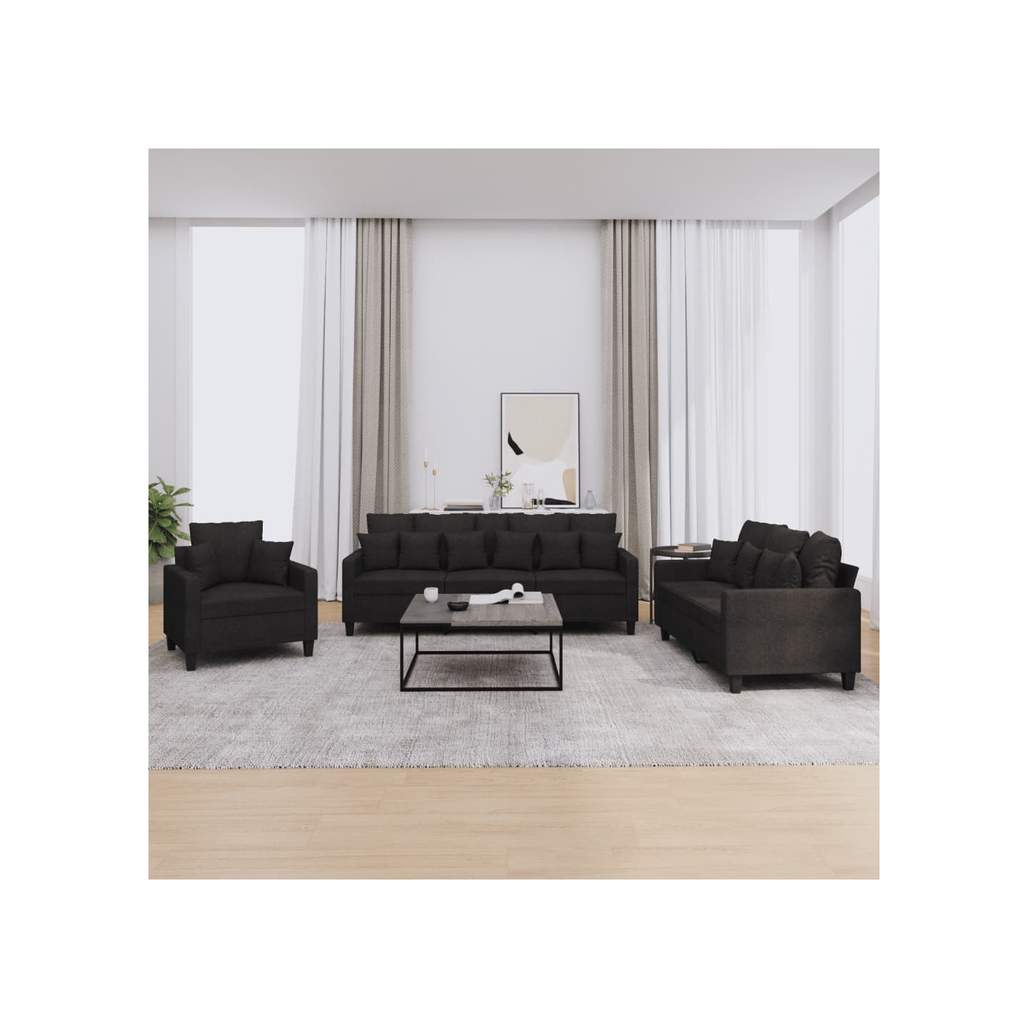 Ensemble de canapés 3 pcs avec coussins noir tissu