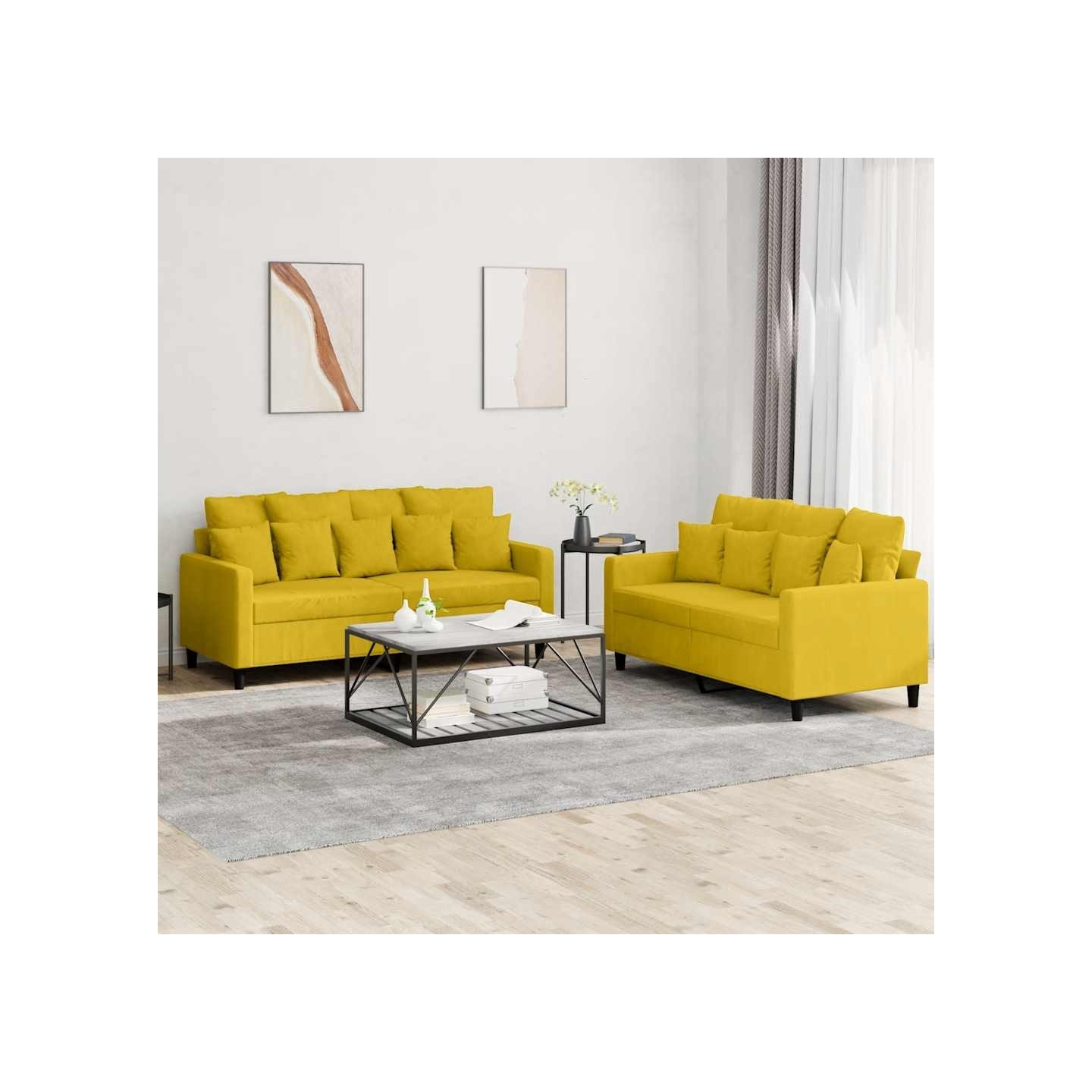 Ensemble de canapés 2 pcs avec coussins Jaune Velours