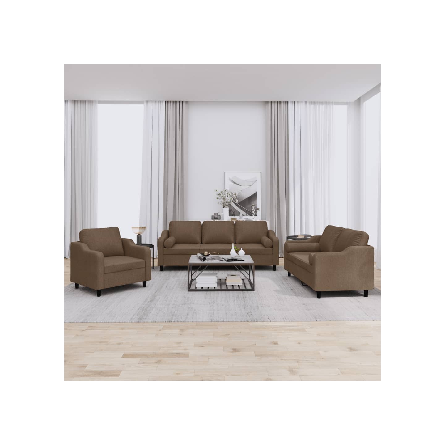 Ensemble de canapés 3 pcs avec coussins marron tissu