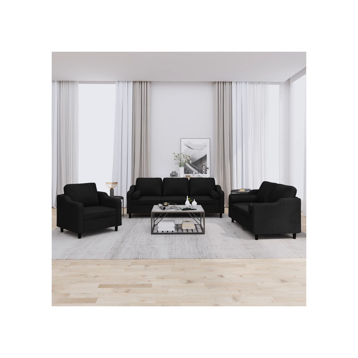 Ensemble de canapés 3 pcs avec coussins noir tissu