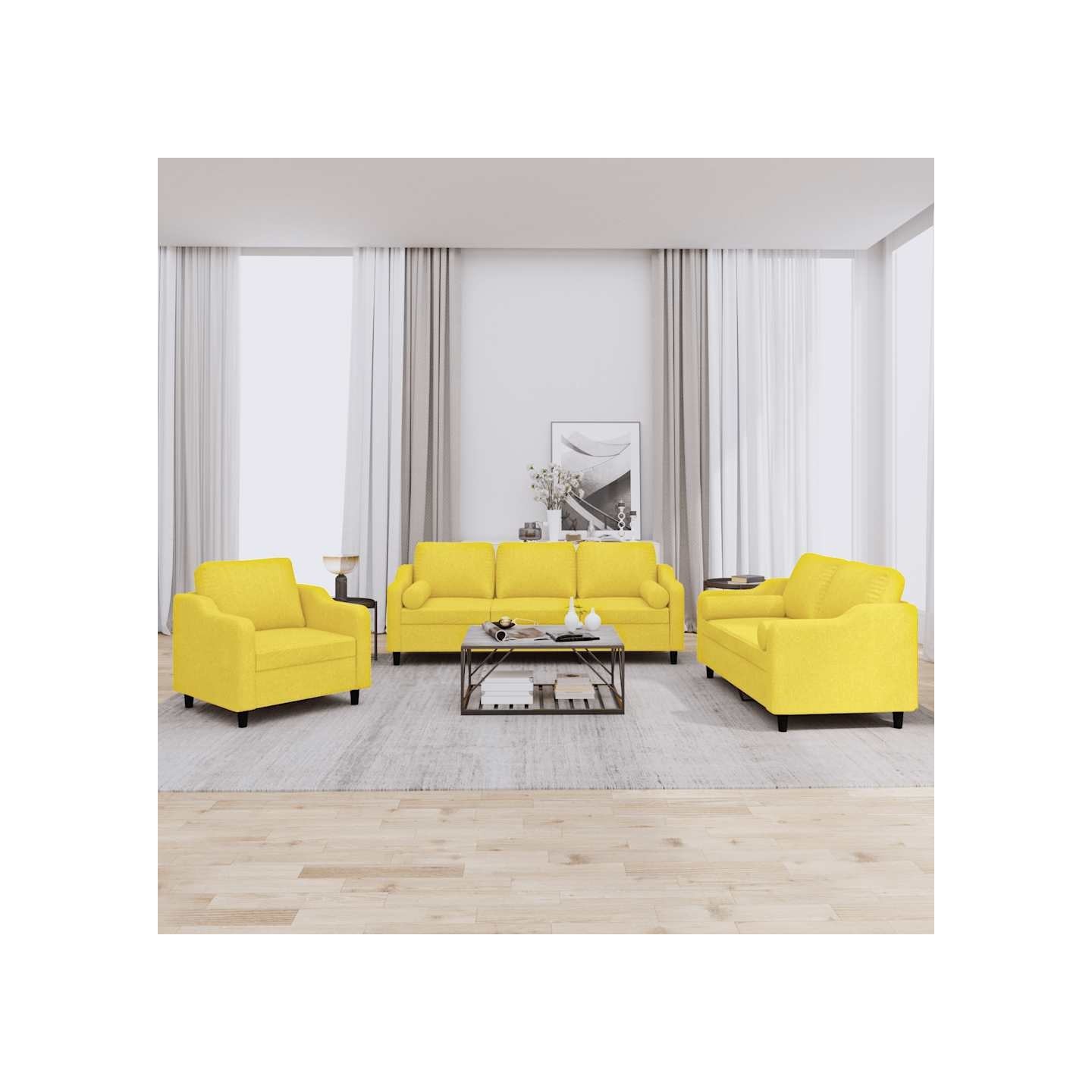 Ensemble de canapés 3 pcs avec coussins jaune clair tissu