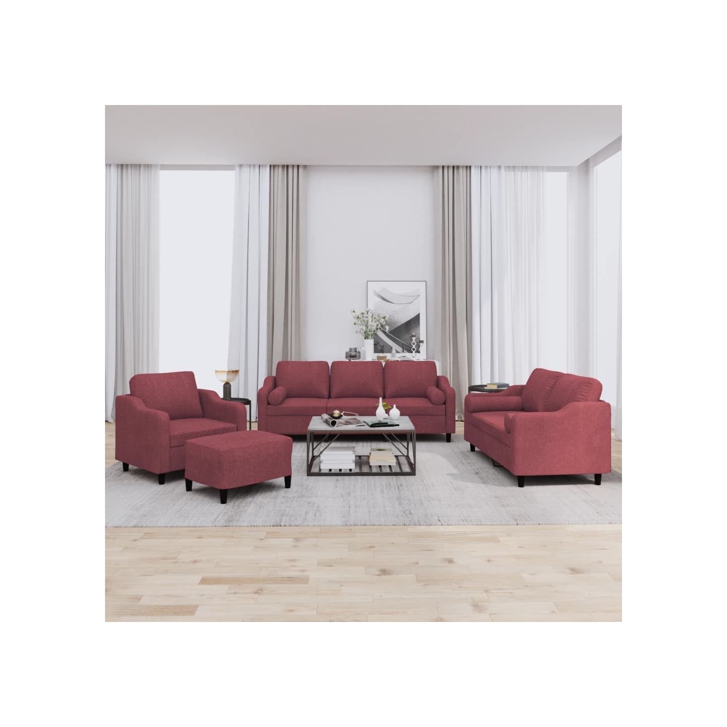 Ensemble de canapés 4 pcs avec coussins rouge bordeaux tissu