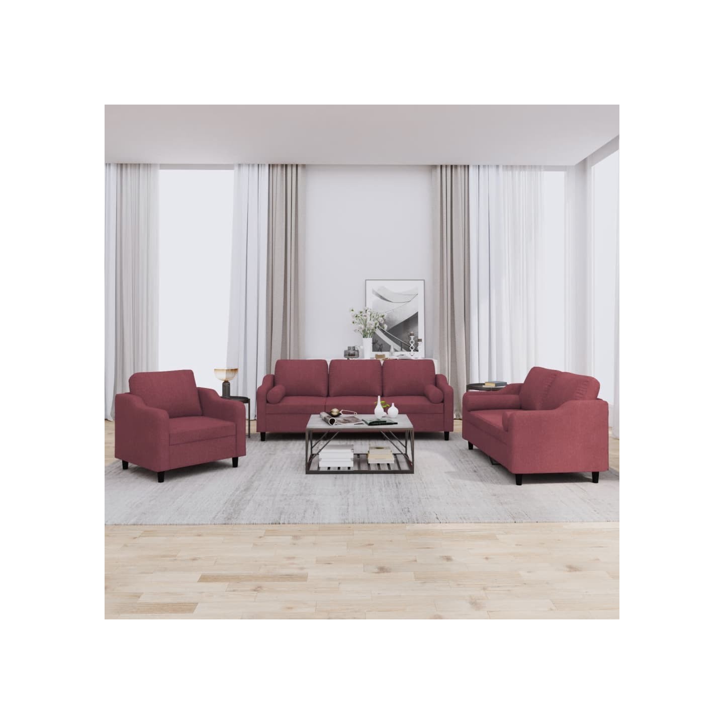 Ensemble de canapés 3 pcs avec coussins rouge bordeaux tissu
