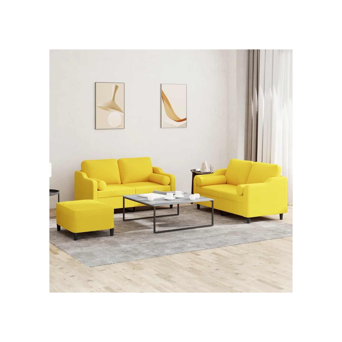 Ensemble de canapés 3 pcs avec coussins jaune clair tissu