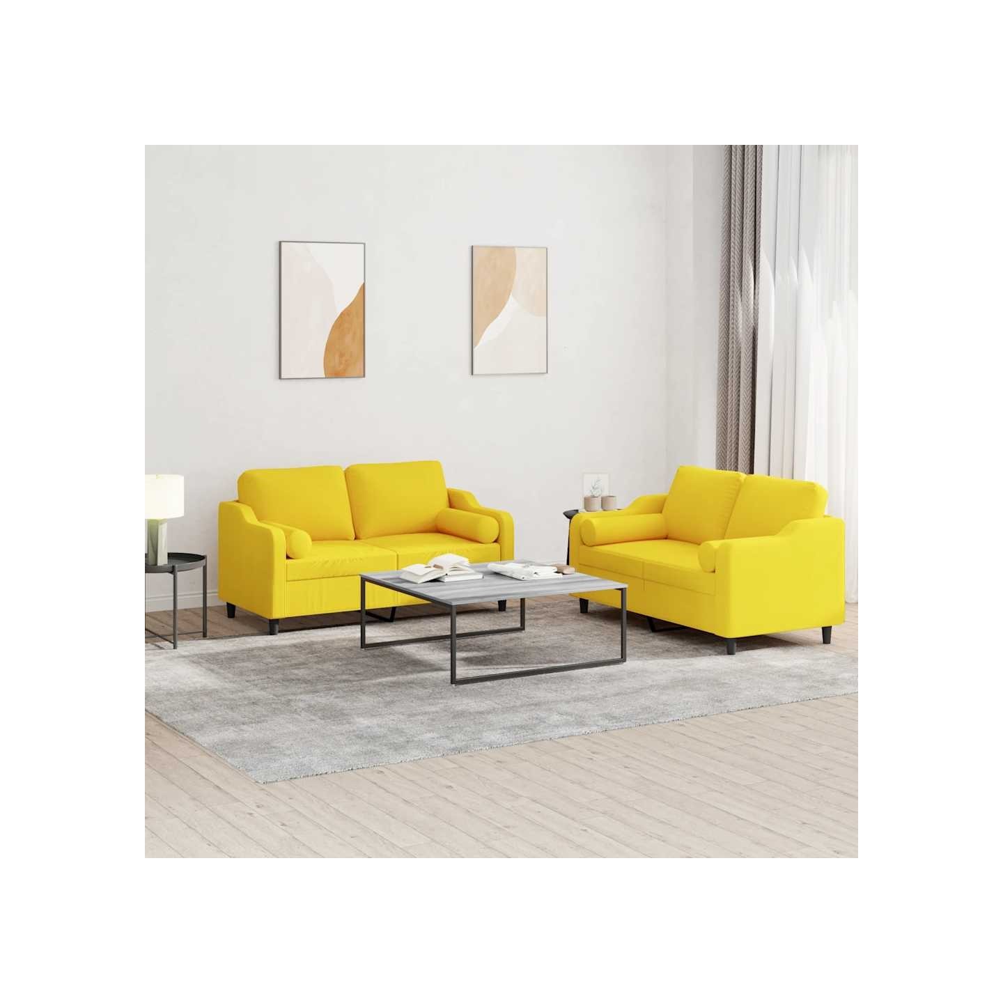 Ensemble de canapés 2 pcs avec coussins jaune clair tissu