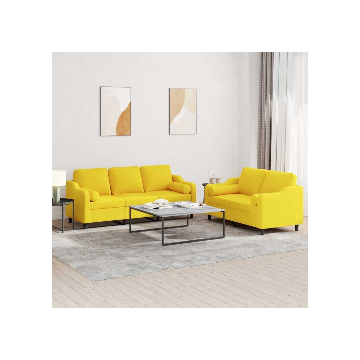 Ensemble de canapés 2 pcs avec coussins jaune clair tissu
