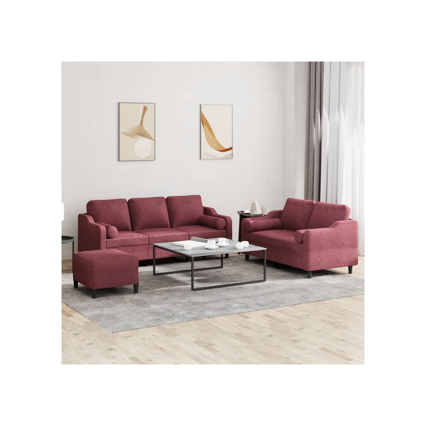 Ensemble de canapés 3 pcs avec coussins rouge bordeaux tissu