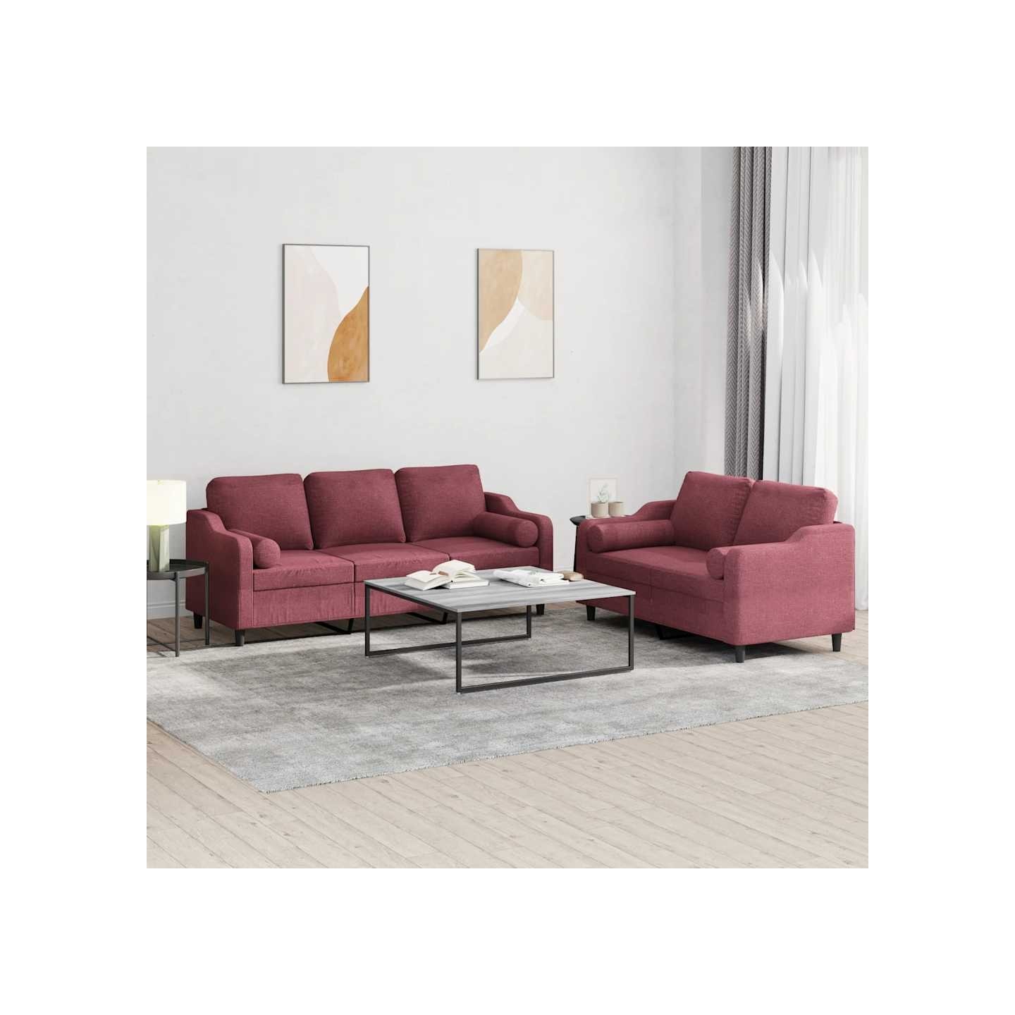 Ensemble de canapés 2 pcs avec coussins rouge bordeaux tissu