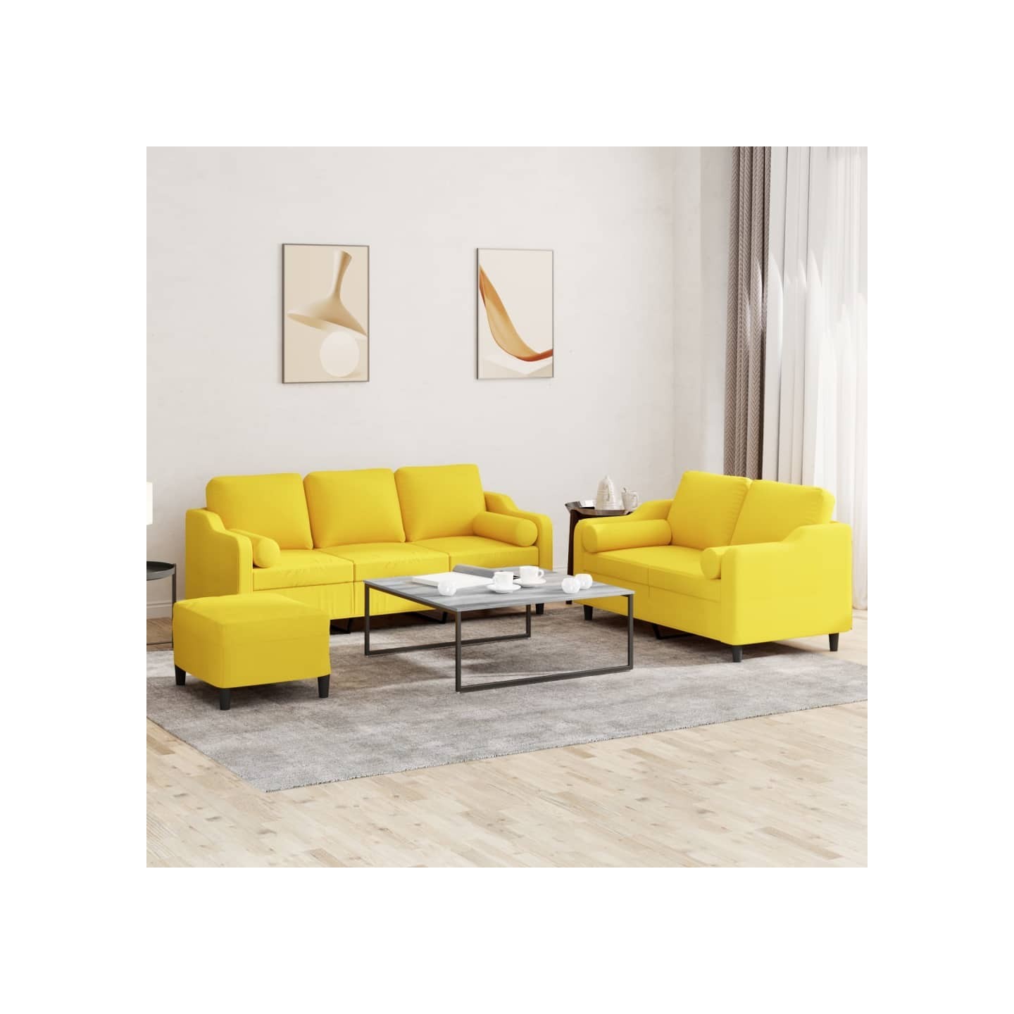 Ensemble de canapés 3 pcs avec coussins jaune clair tissu