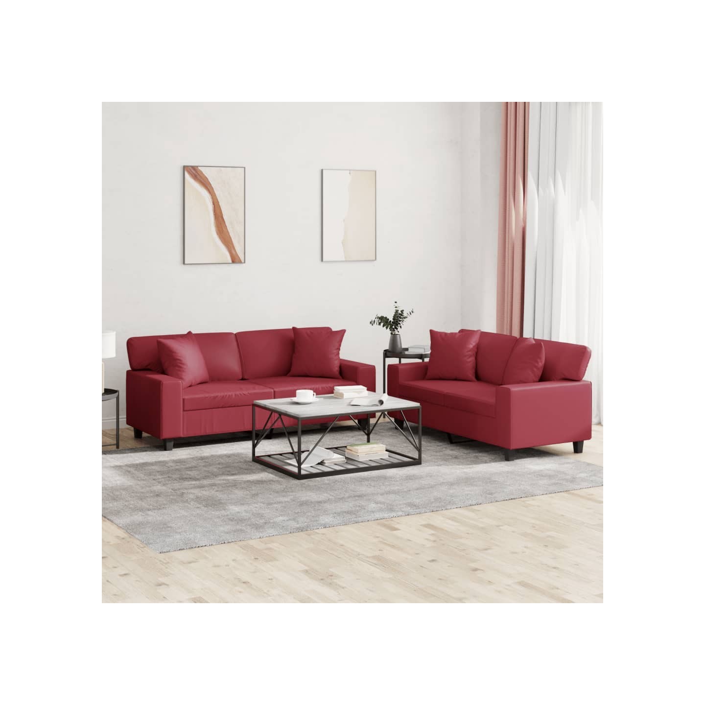 Ensemble de canapés 2 pcs et coussins rouge bordeaux similicuir