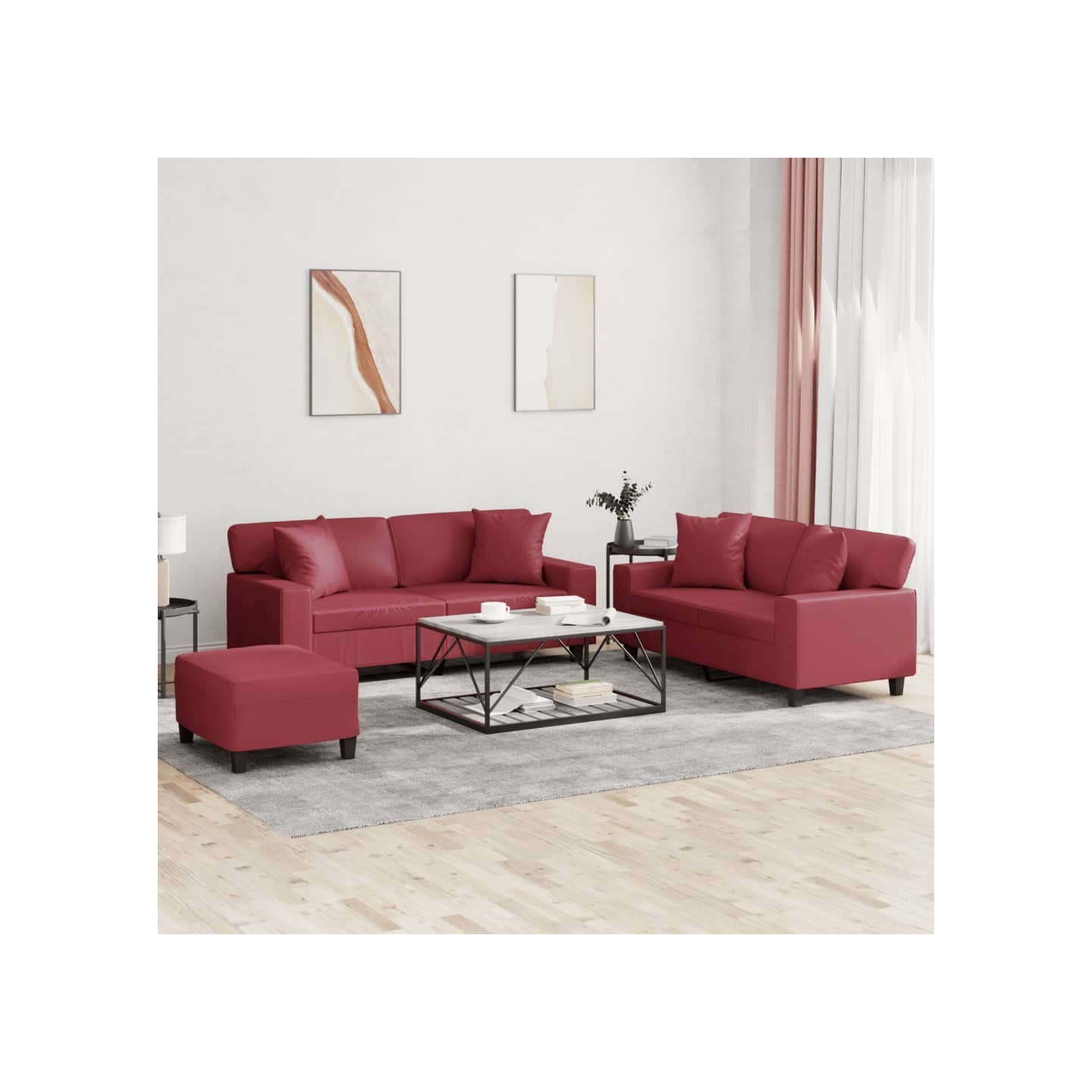 Ensemble de canapés 3 pcs et coussins rouge bordeaux similicuir