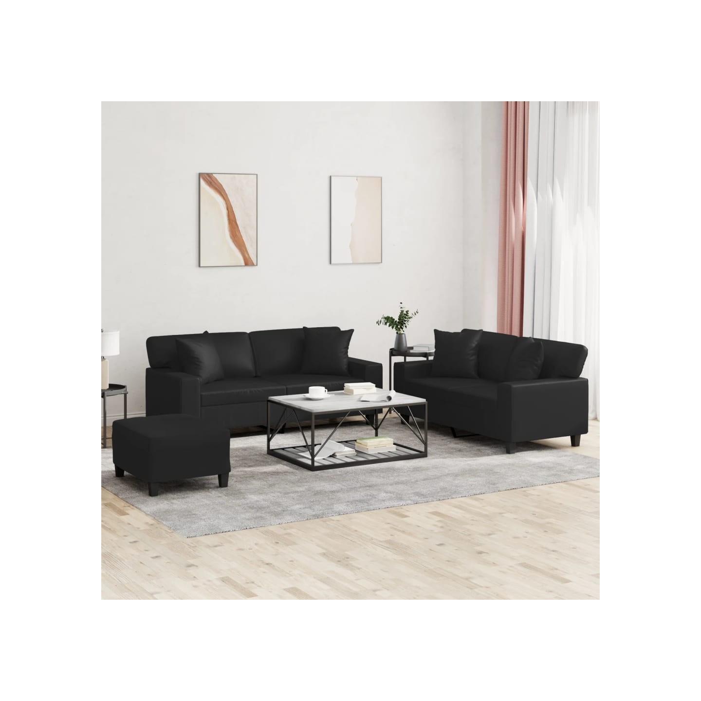 Ensemble de canapés 3 pcs avec coussins noir similicuir