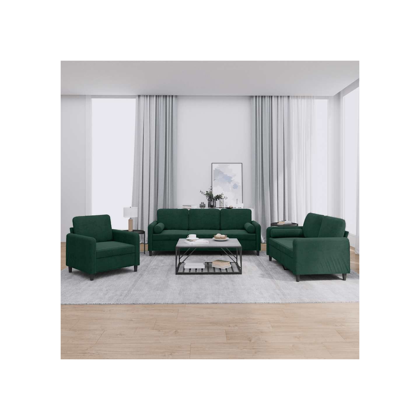 Ensemble de canapés 3 pcs avec coussins vert foncé velours