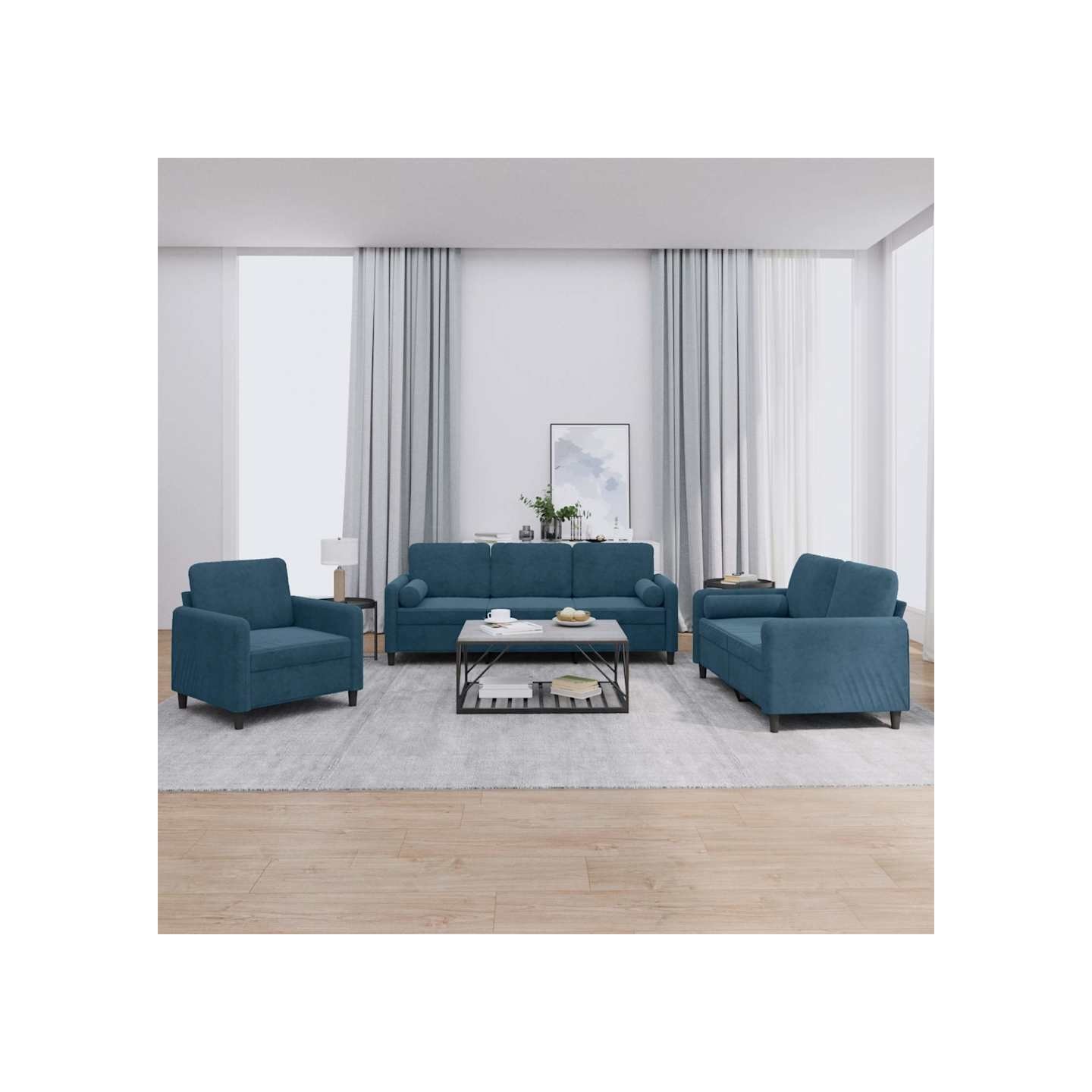 Ensemble de canapés 3 pcs avec coussins bleu velours