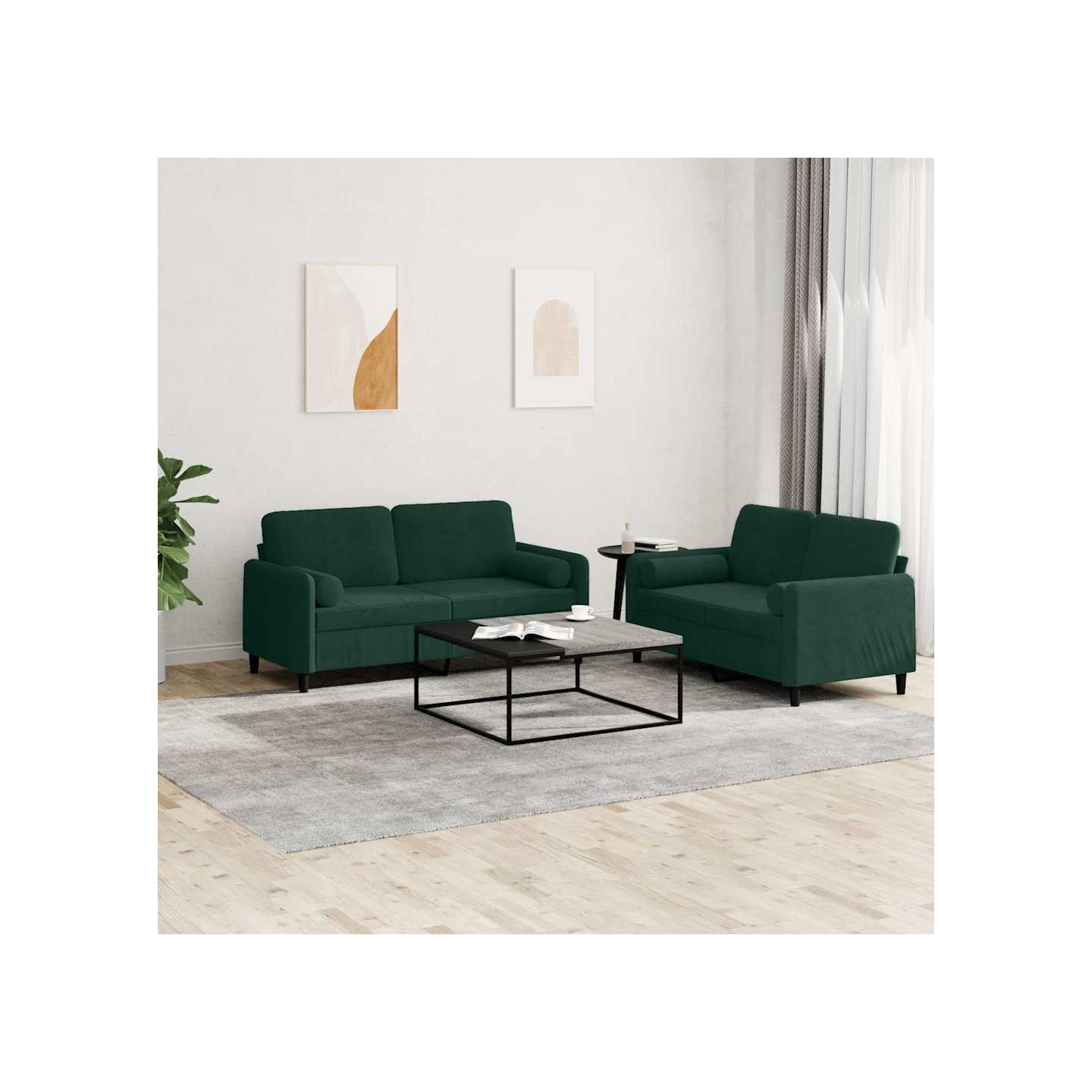 Ensemble de canapés 2 pcs avec coussins vert foncé velours