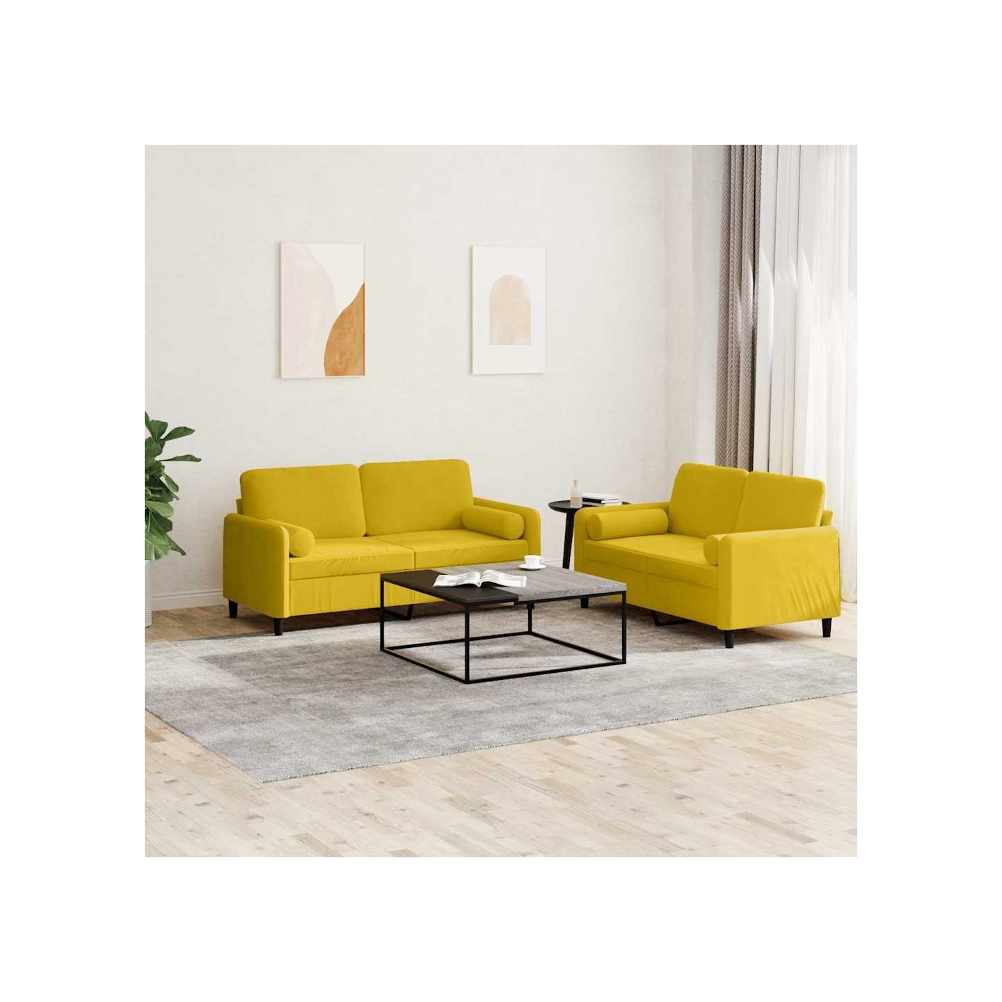 Ensemble de canapés 2 pcs avec coussins jaune velours