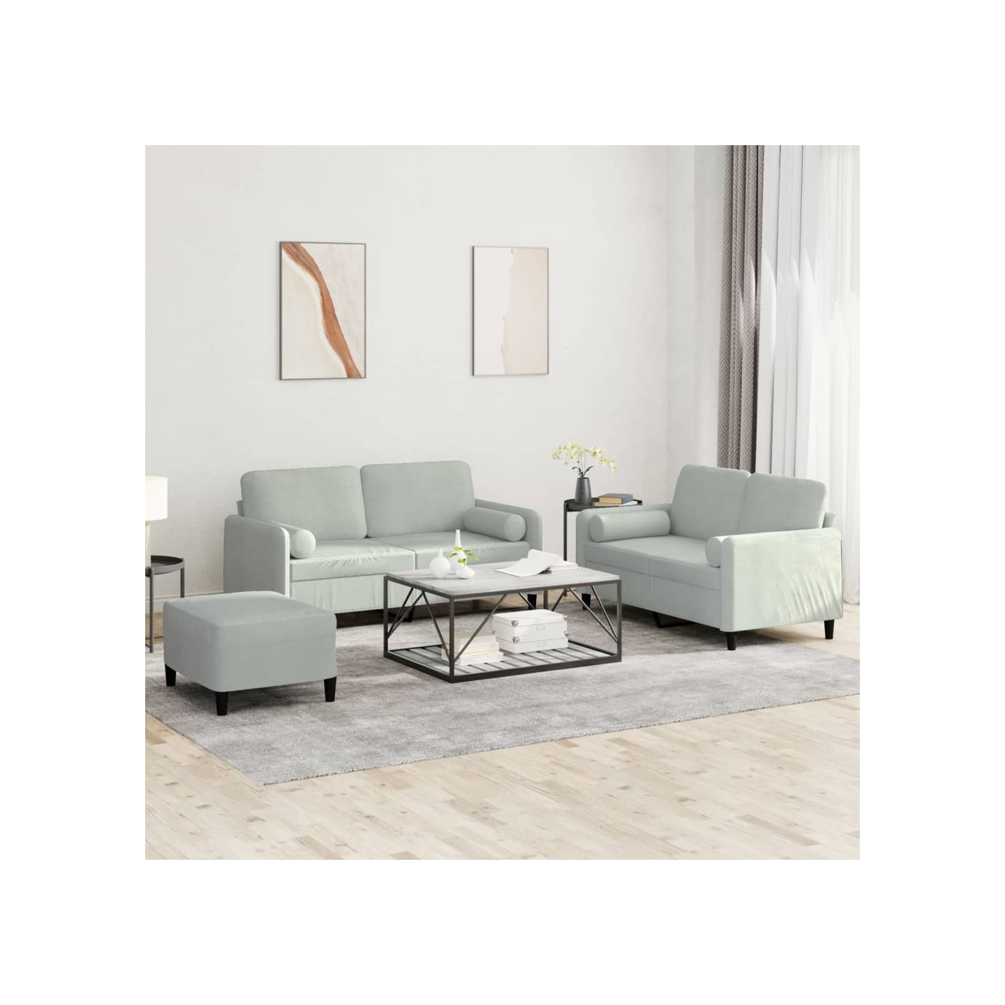 Ensemble de canapés 3 pcs avec coussins gris clair velours