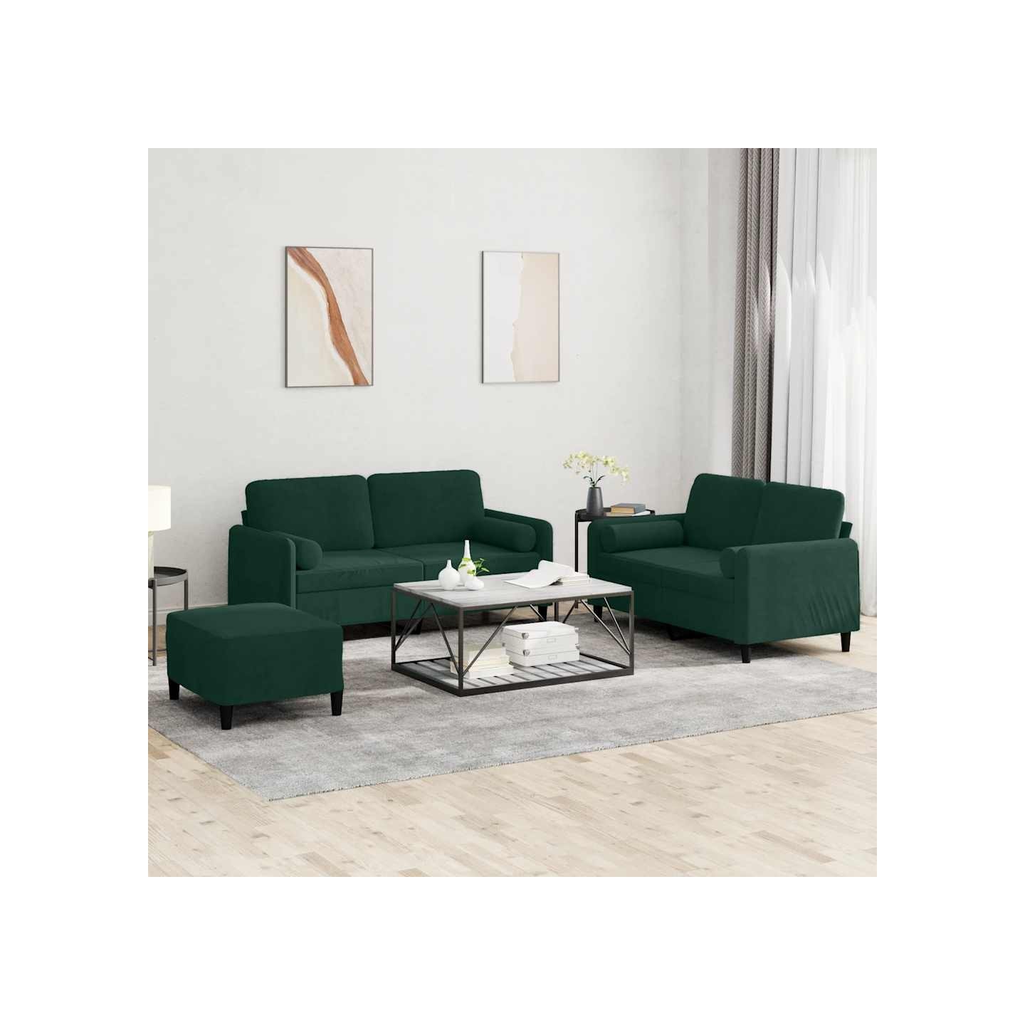Ensemble de canapés 3 pcs avec coussins vert foncé velours