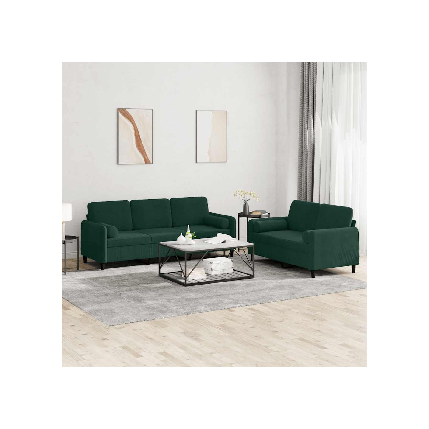 Ensemble de canapés 2 pcs avec coussins vert foncé velours