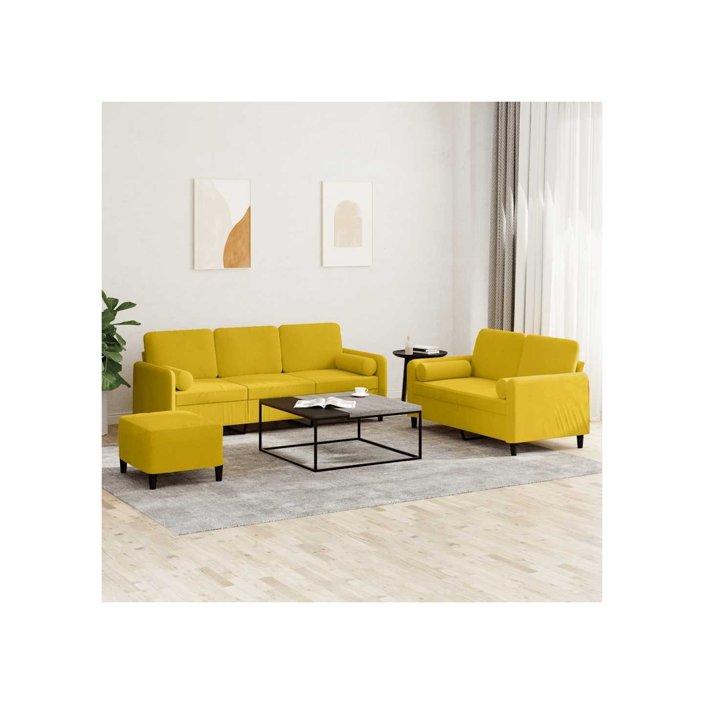 Ensemble de canapés 3 pcs avec coussins jaune velours
