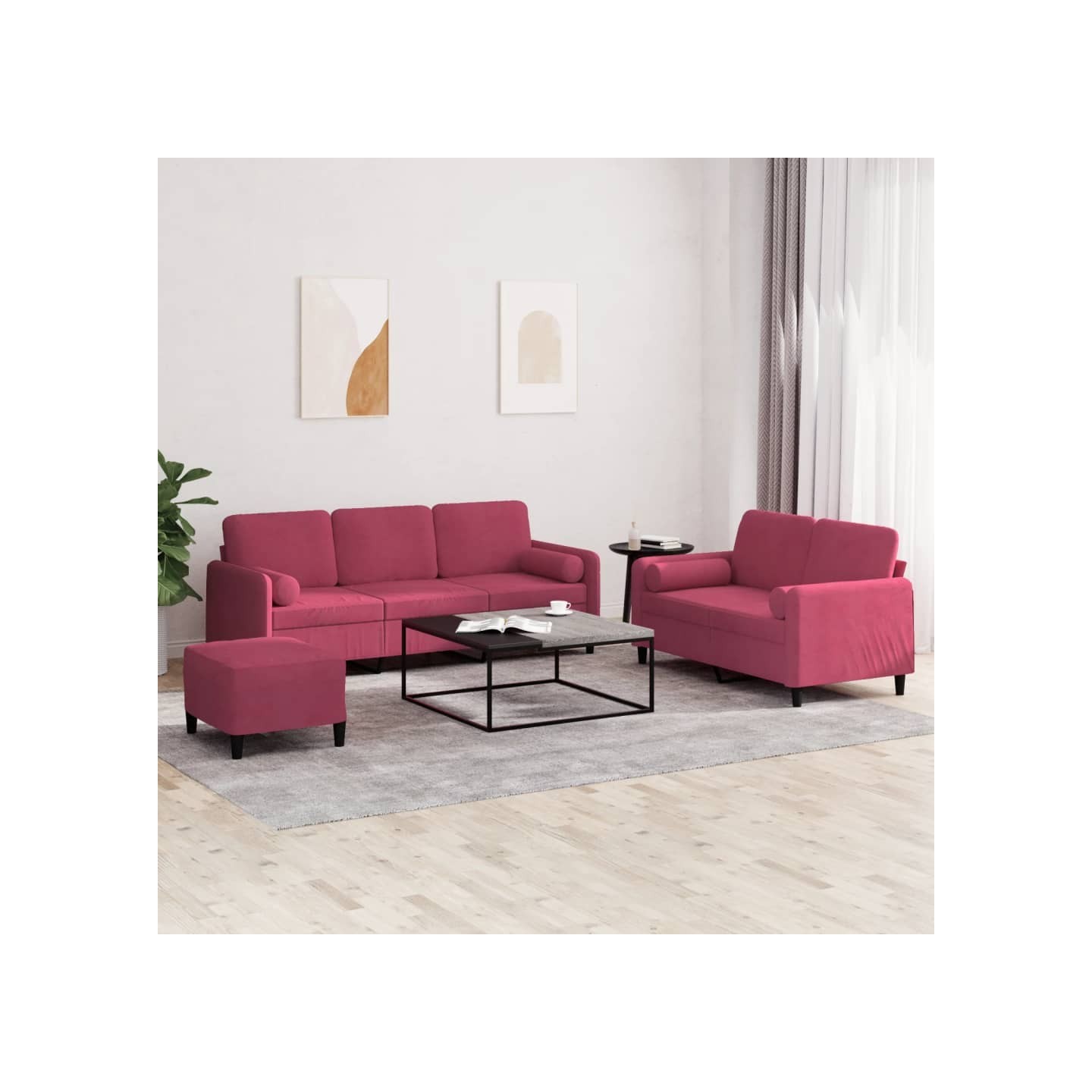 Ensemble de canapés 3 pcs avec coussins rouge bordeaux velours