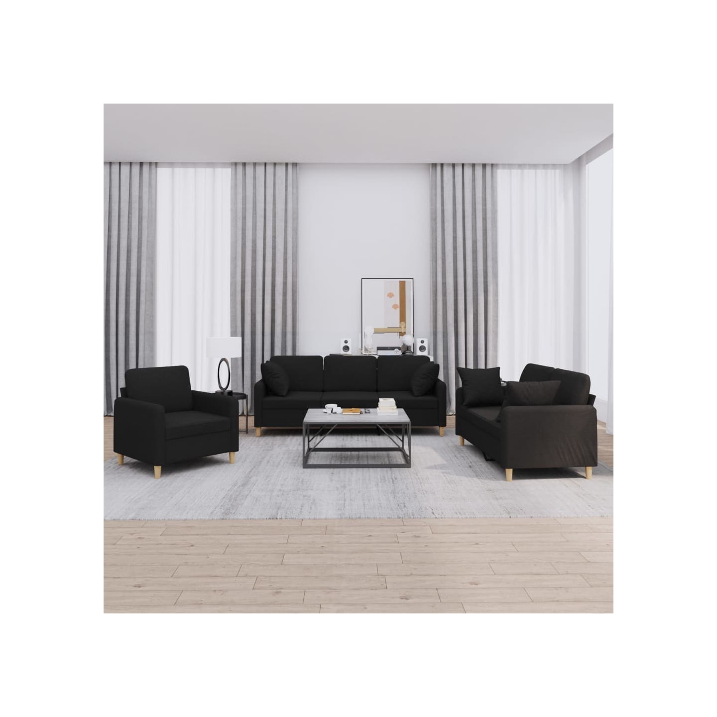 Ensemble de canapés 3 pcs avec coussins noir tissu