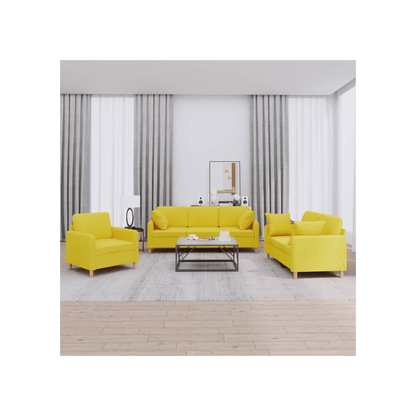 Ensemble de canapés 3 pcs avec coussins jaune clair tissu